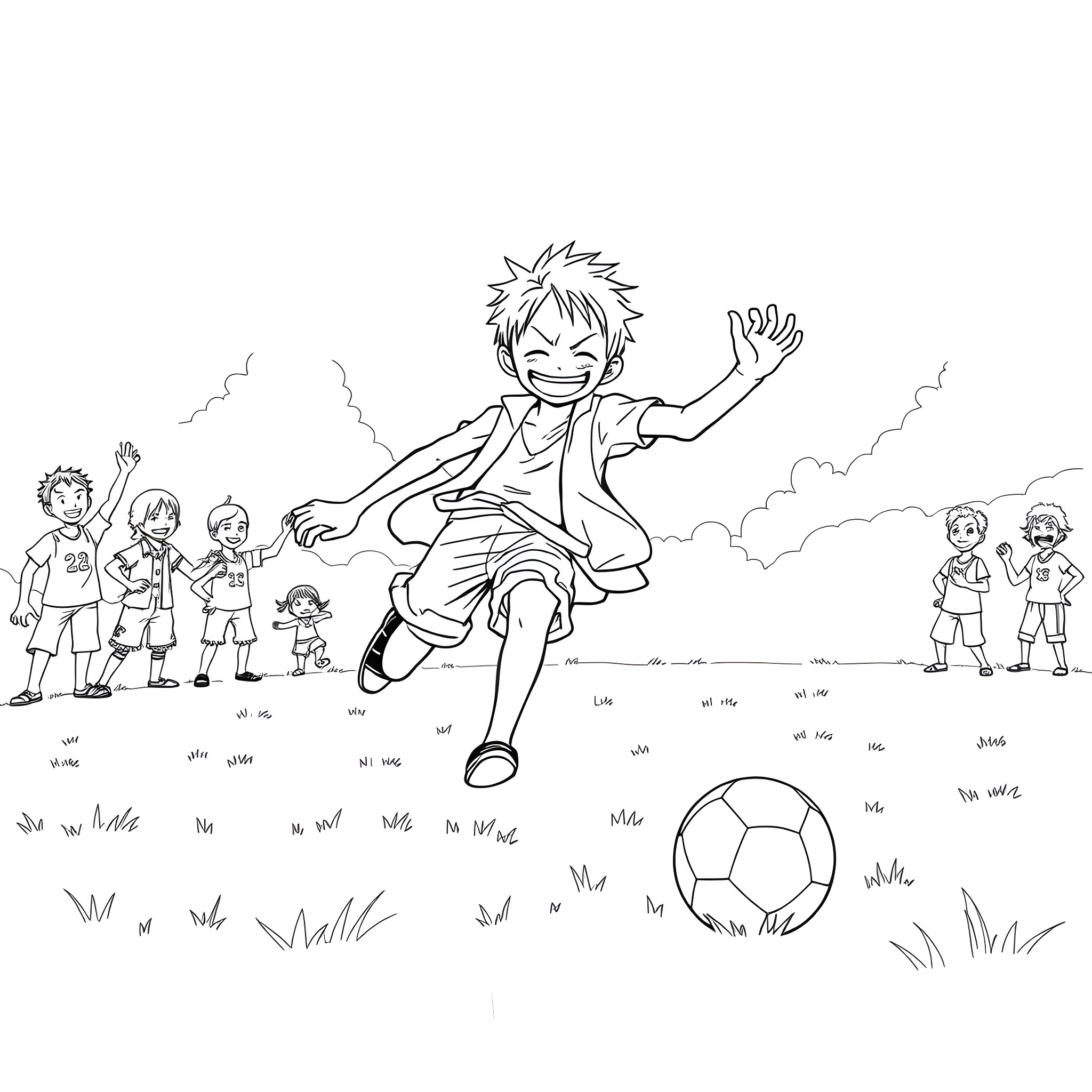 Luffy Enjoying a Lively Soccer Game with Friends Coloring Page (free black-and-white line drawing printable PDF for all, from beginners to advanced learners, including children, teens, adults, and seniors)