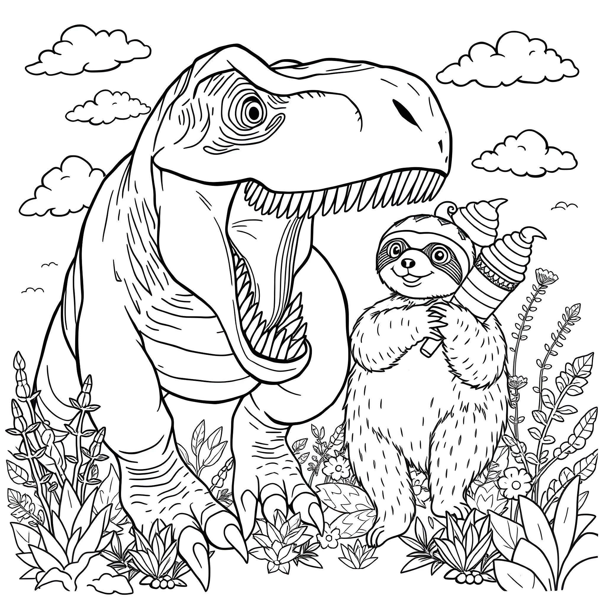 T-Rex and Sloth Exploring the Prehistoric Landscape Coloring Page (free black-and-white line drawing printable PDF for all, from beginners to advanced learners, including children, teens, adults, and seniors)