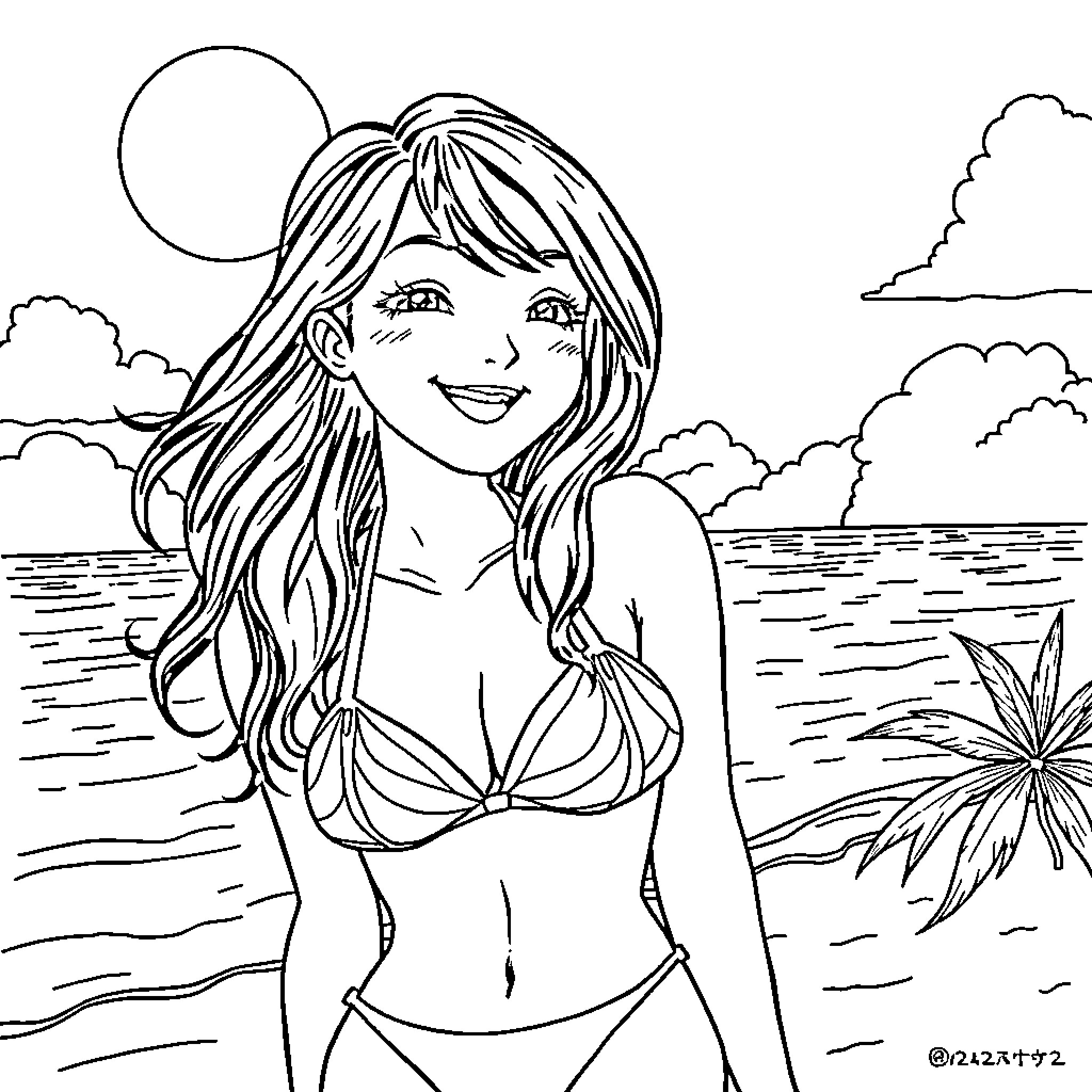Nezuko enjoying the beach scenery Coloring Page (free black-and-white line drawing printable PDF for all, from beginners to advanced learners, including children, teens, adults, and seniors)
