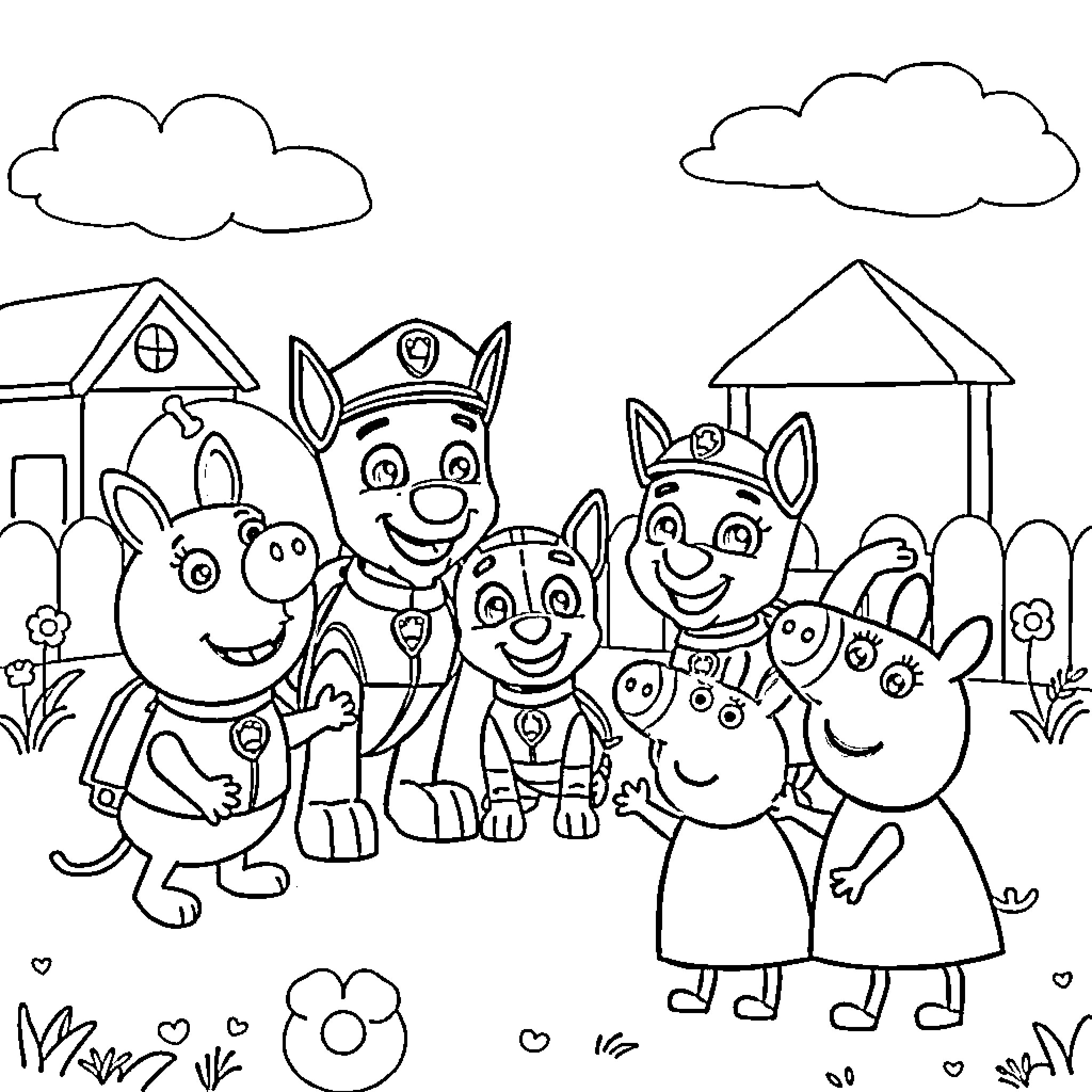 Paw Patrol pups on an adventure Coloring Page (free black-and-white line drawing printable PDF for all, from beginners to advanced learners, including children, teens, adults, and seniors)