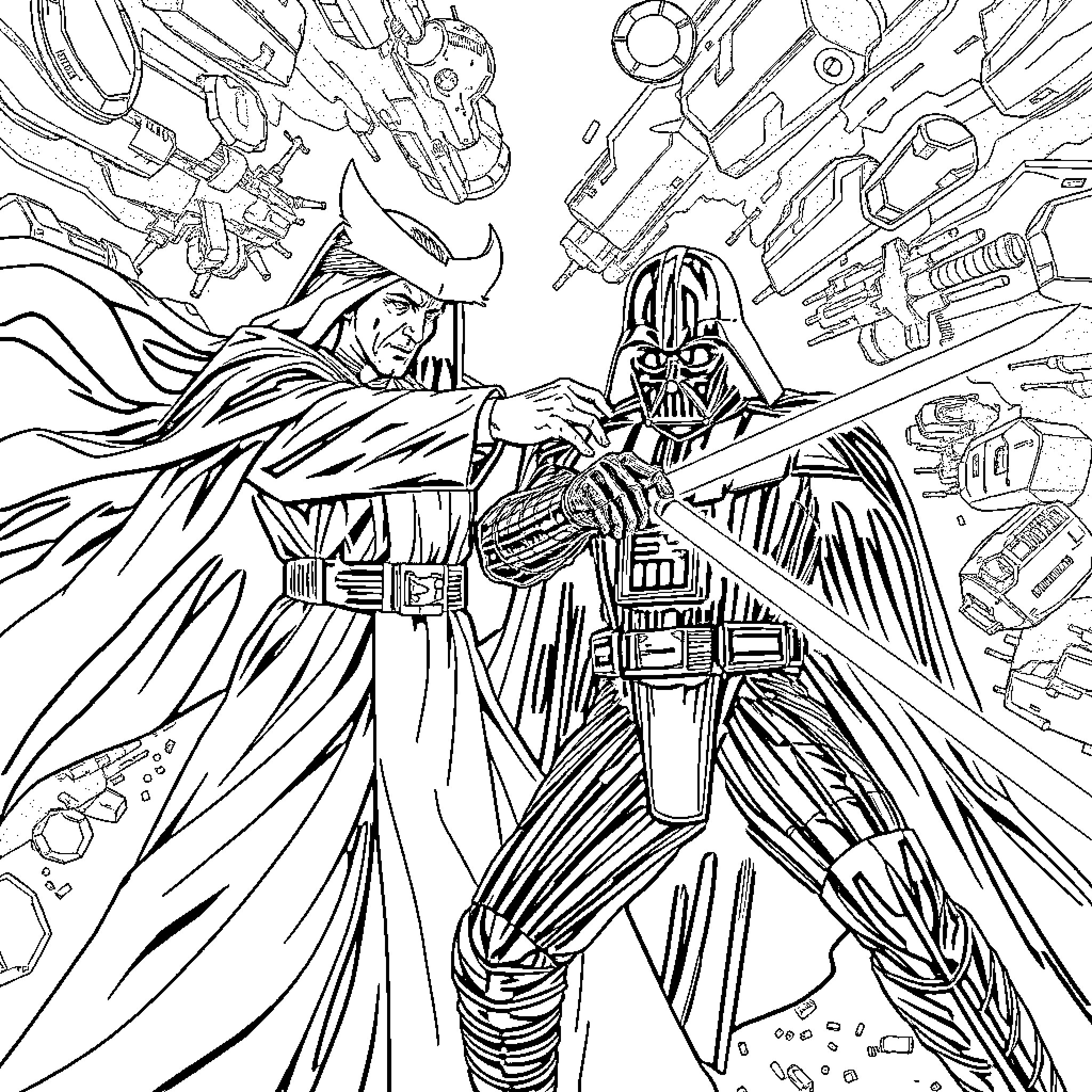 Chancellor Darth Vader and Emperor Palpatine's Confrontation Coloring Page (free black-and-white line drawing printable PDF for all, from beginners to advanced learners, including children, teens, adults, and seniors)