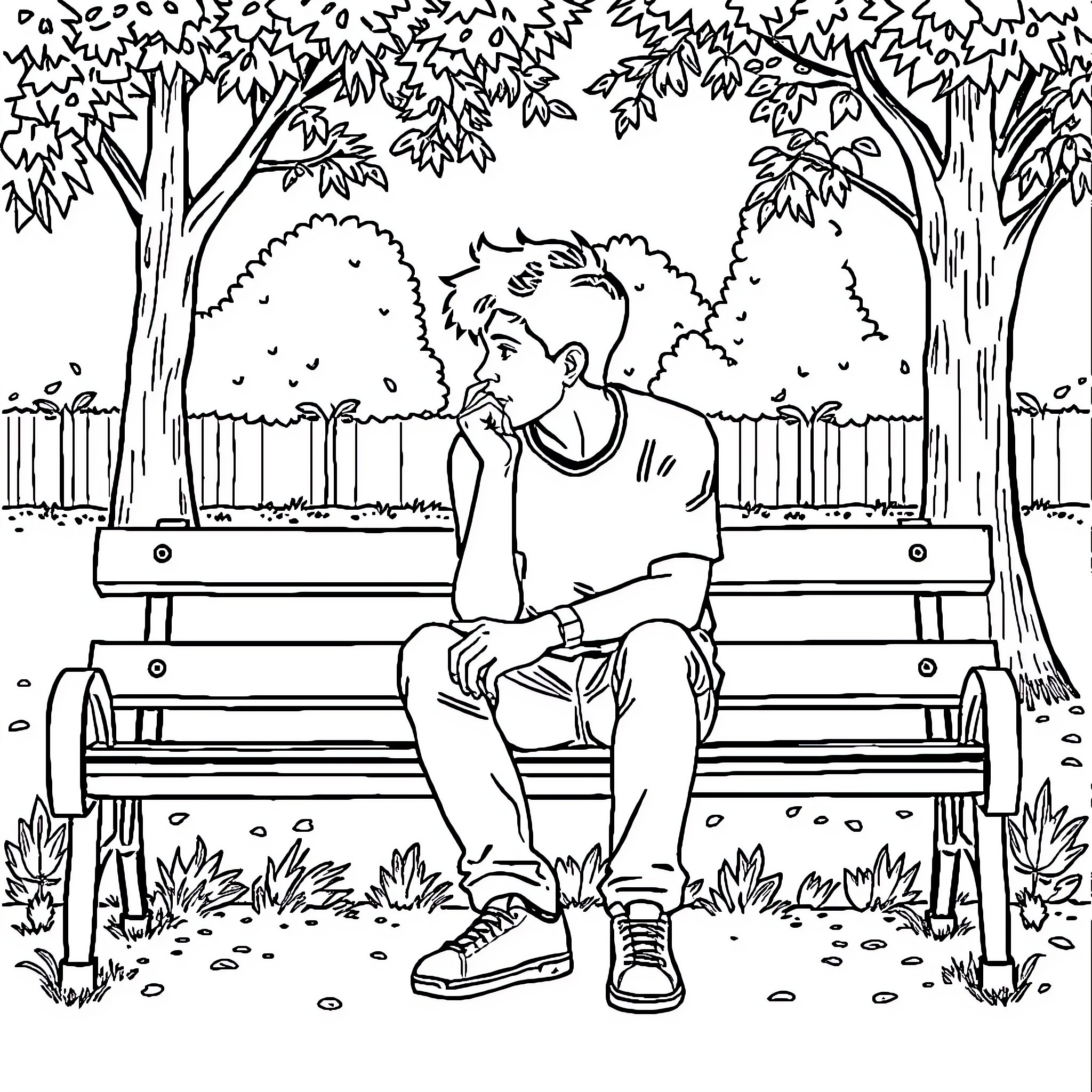 Mateo sitting alone on a park bench Coloring Page (free black-and-white line drawing printable PDF for all, from beginners to advanced learners, including children, teens, adults, and seniors)