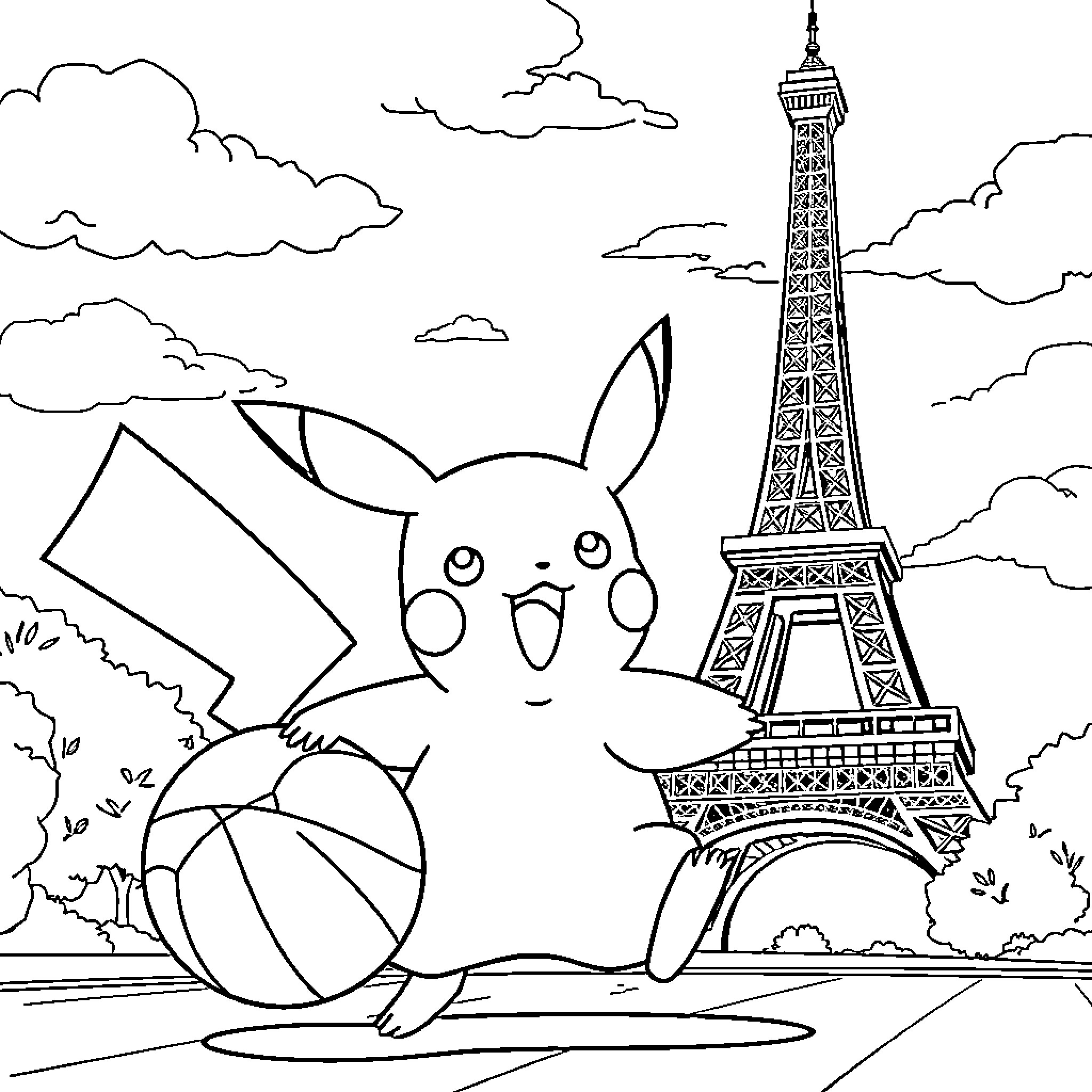 Pikachu playing joyfully in front of Eiffel Tower Coloring Page (free black-and-white line drawing printable PDF for all, from beginners to advanced learners, including children, teens, adults, and seniors)