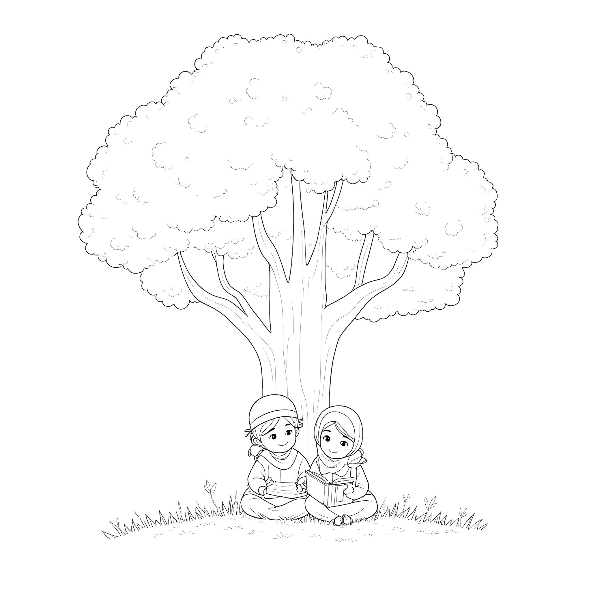 Child reading book under a tree Coloring Page (free black-and-white line drawing printable PDF for all, from beginners to advanced learners, including children, teens, adults, and seniors)