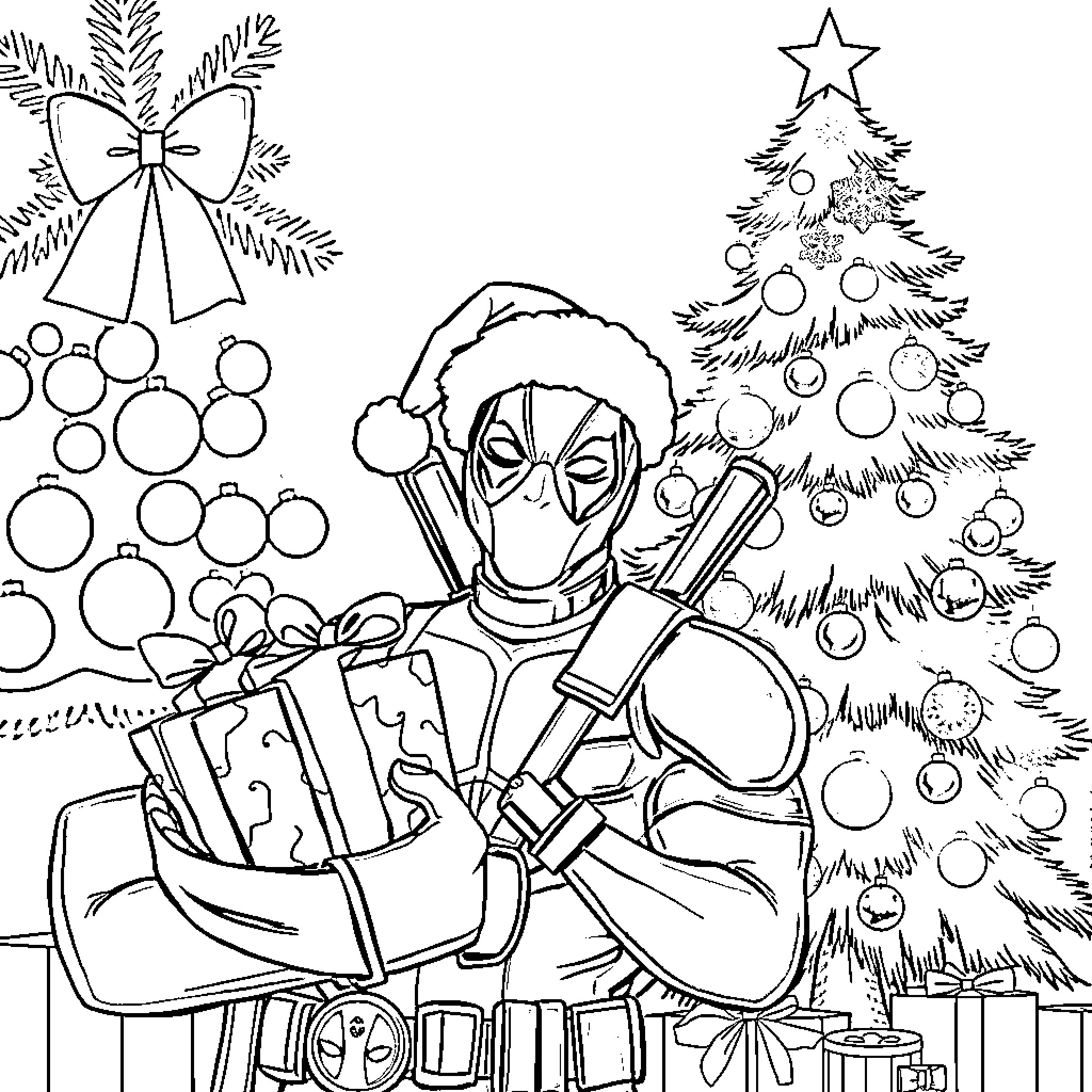 Deadpool Celebrates Christmas with Gifts and a Tree Coloring Page (free black-and-white line drawing printable PDF for all, from beginners to advanced learners, including children, teens, adults, and seniors)