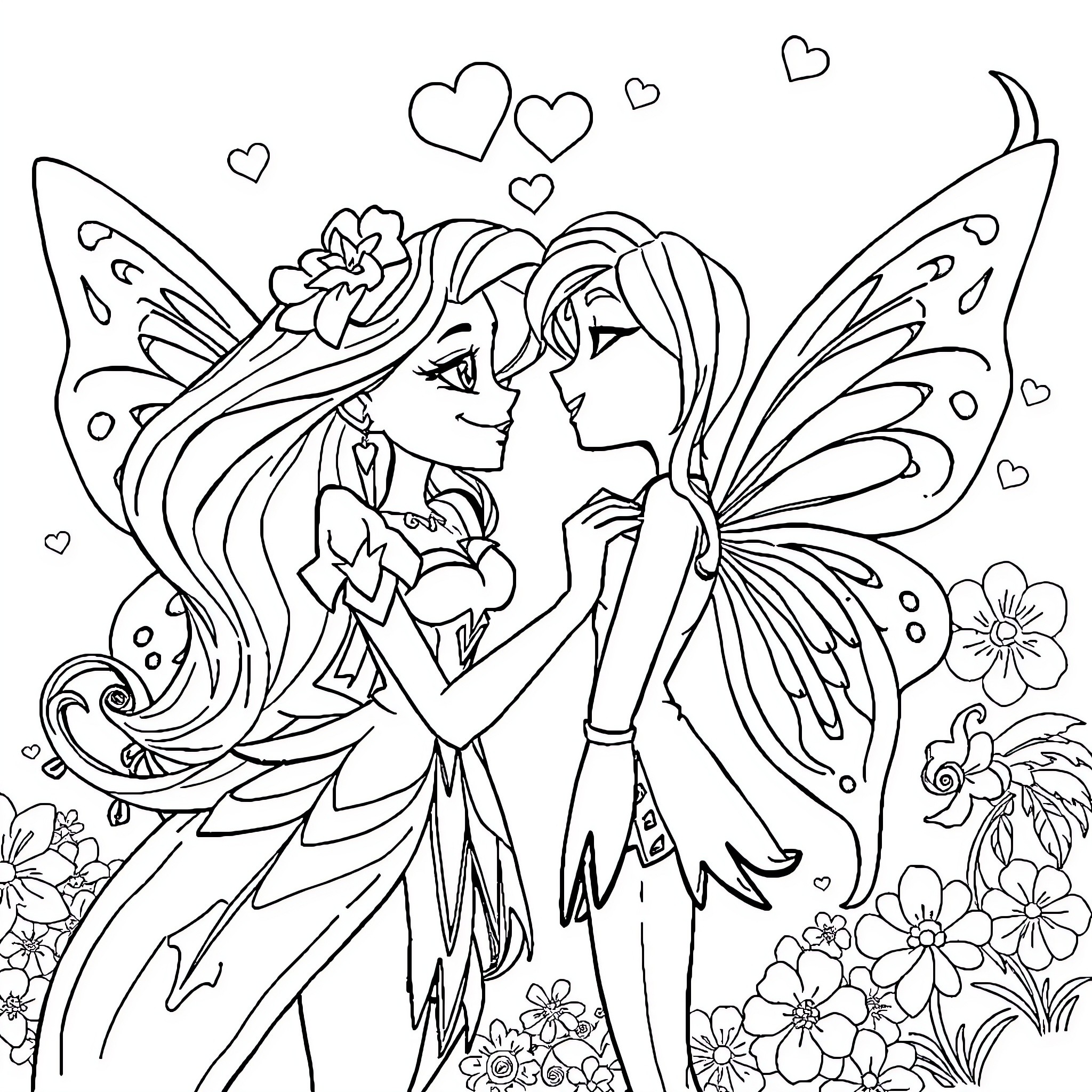 Bloom of Enchanted Fairy Embrace Coloring Page (free black-and-white line drawing printable PDF for all, from beginners to advanced learners, including children, teens, adults, and seniors)