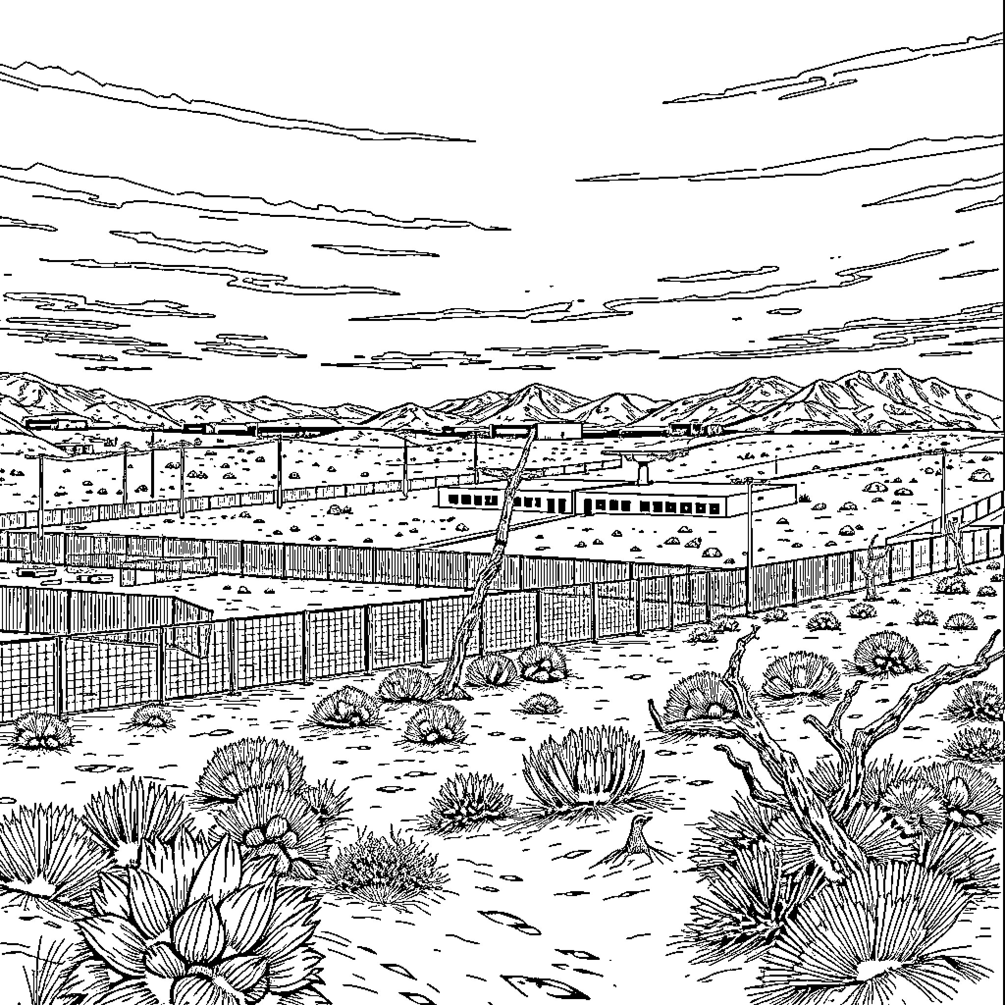 Area 51 Mysterious Landscape with Fences and Structures Coloring Page (free black-and-white line drawing printable PDF for all, from beginners to advanced learners, including children, teens, adults, and seniors)