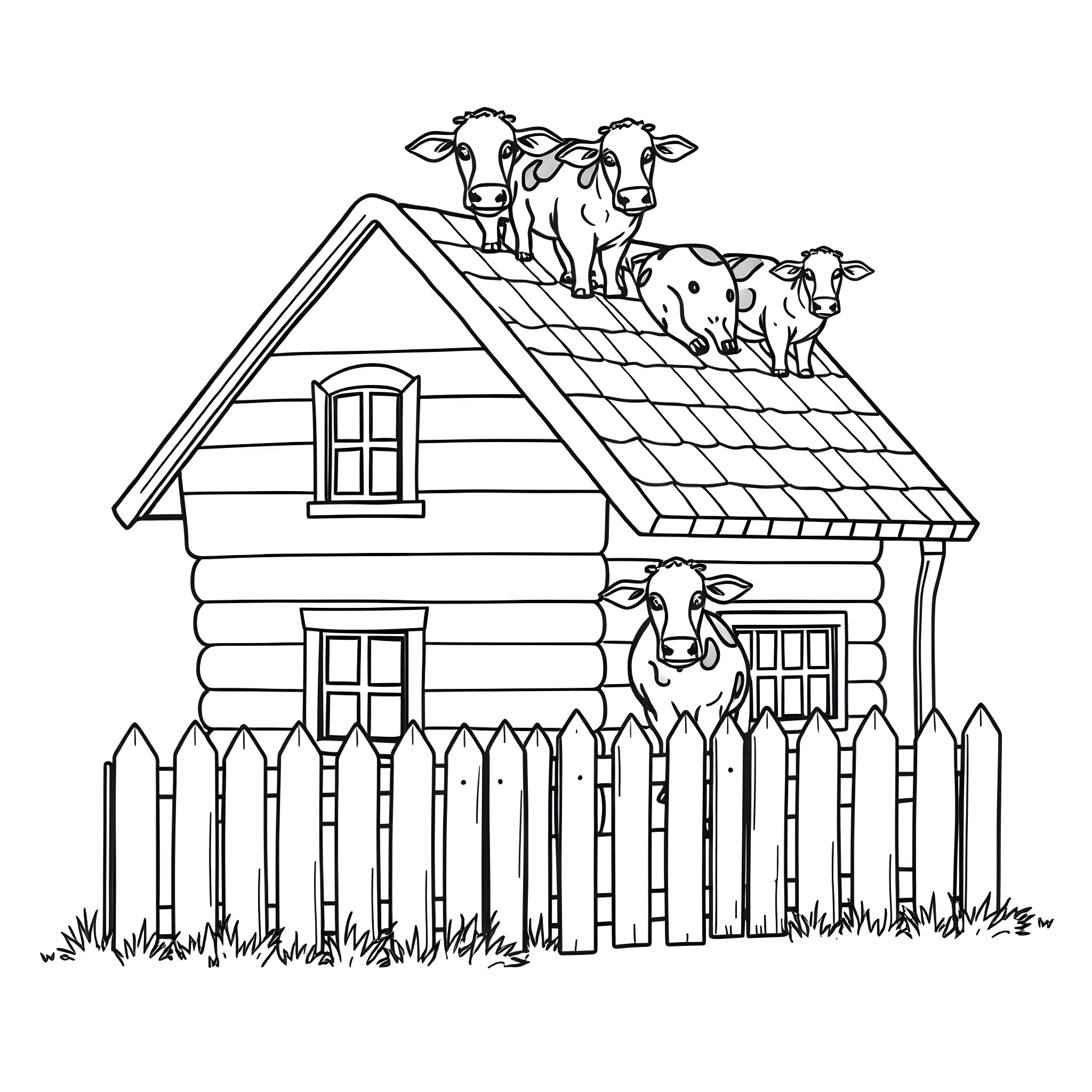 House with cows on the roof Coloring Page (free black-and-white line drawing printable PDF for all, from beginners to advanced learners, including children, teens, adults, and seniors)