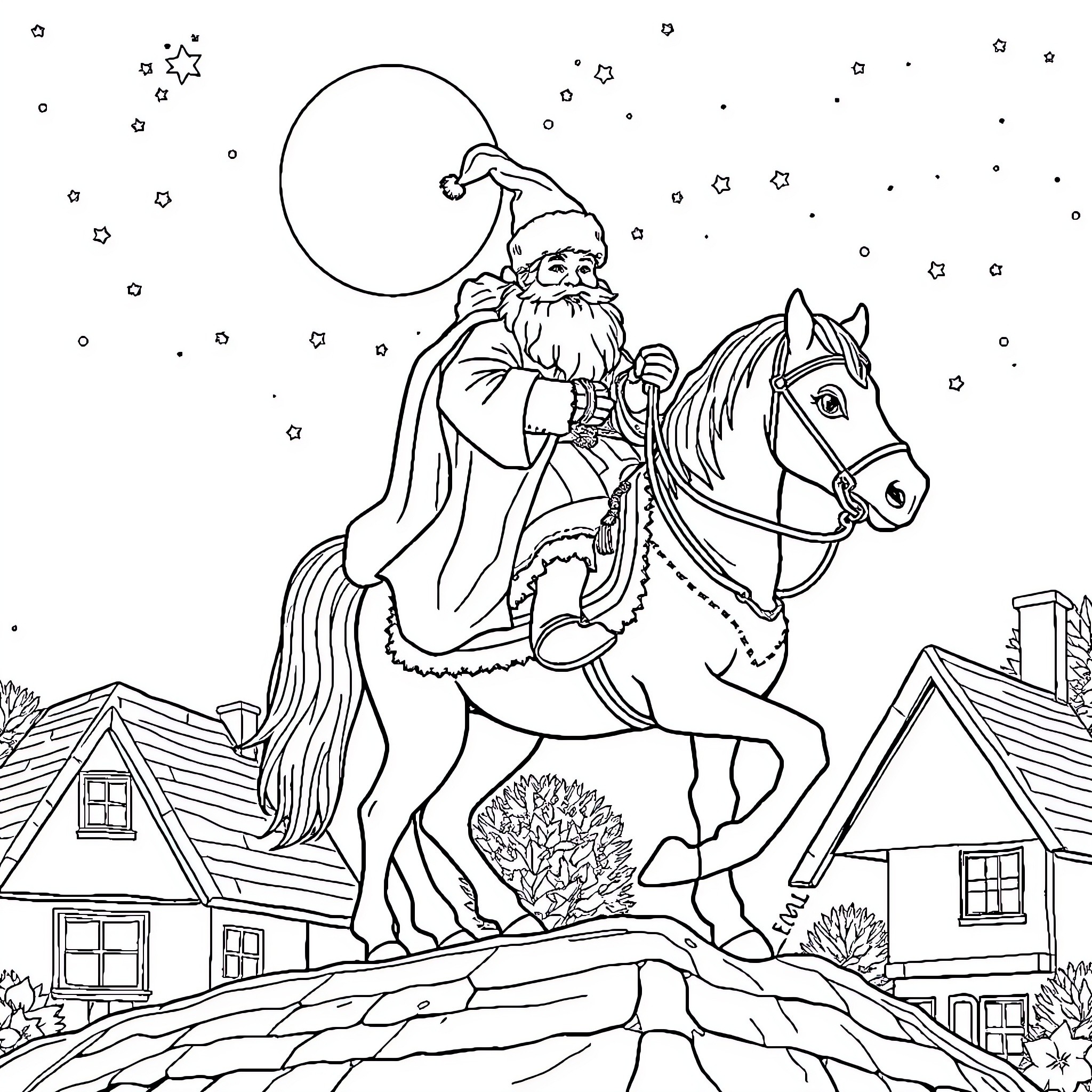 Sinterklaas riding a horse across the starry night sky Coloring Page (free black-and-white line drawing printable PDF for all, from beginners to advanced learners, including children, teens, adults, and seniors)