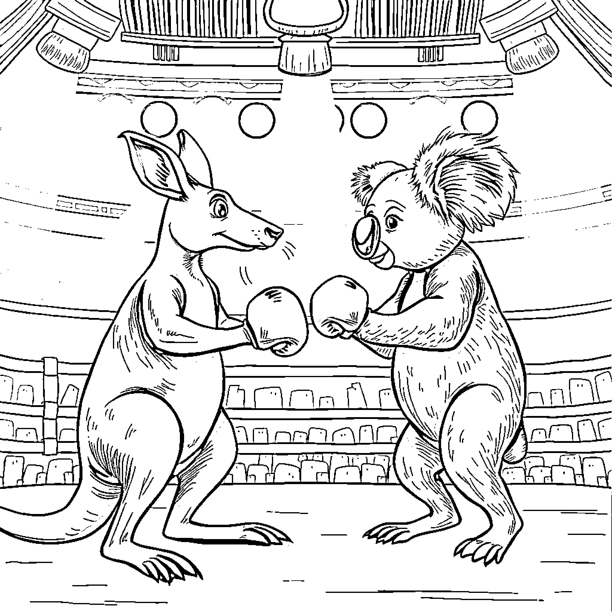 Kangaroo boxing match in a circus arena Coloring Page (free black-and-white line drawing printable PDF for all, from beginners to advanced learners, including children, teens, adults, and seniors)