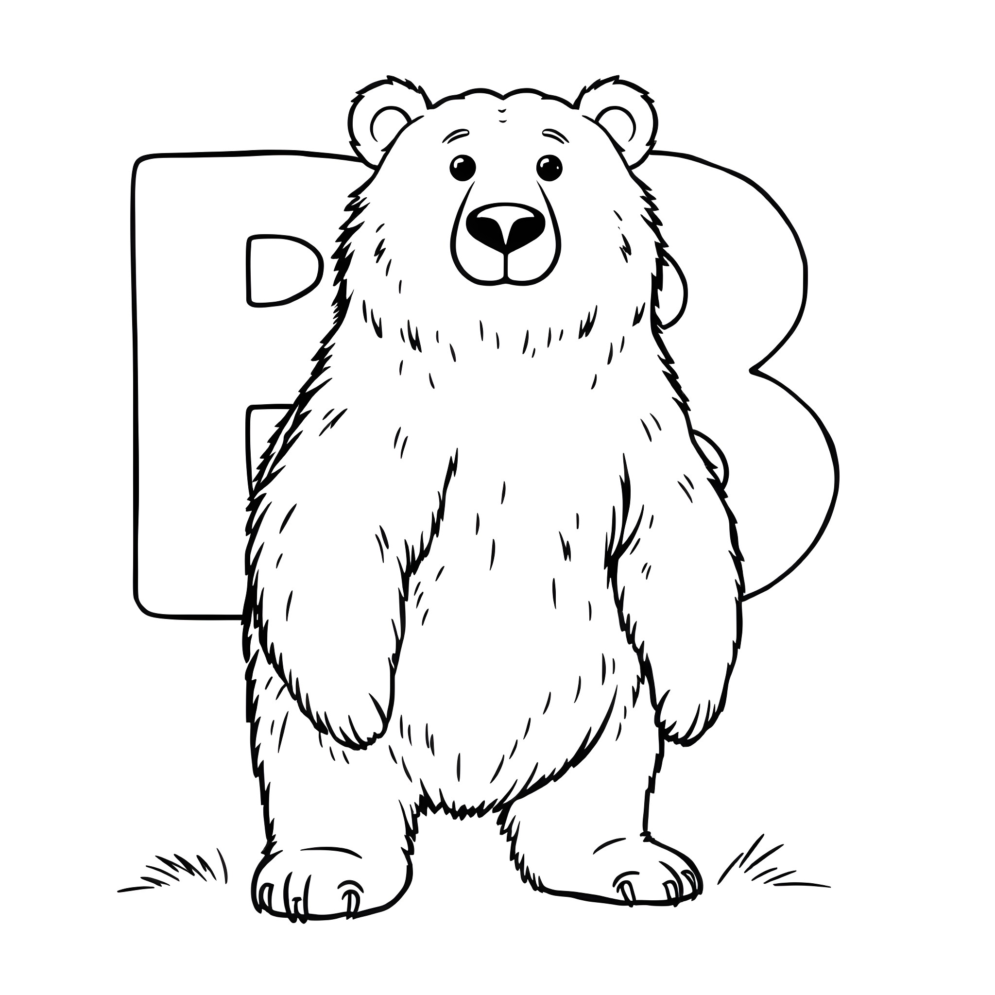 Bear standing on grassy ground Coloring Page (free black-and-white line drawing printable PDF for all, from beginners to advanced learners, including children, teens, adults, and seniors)