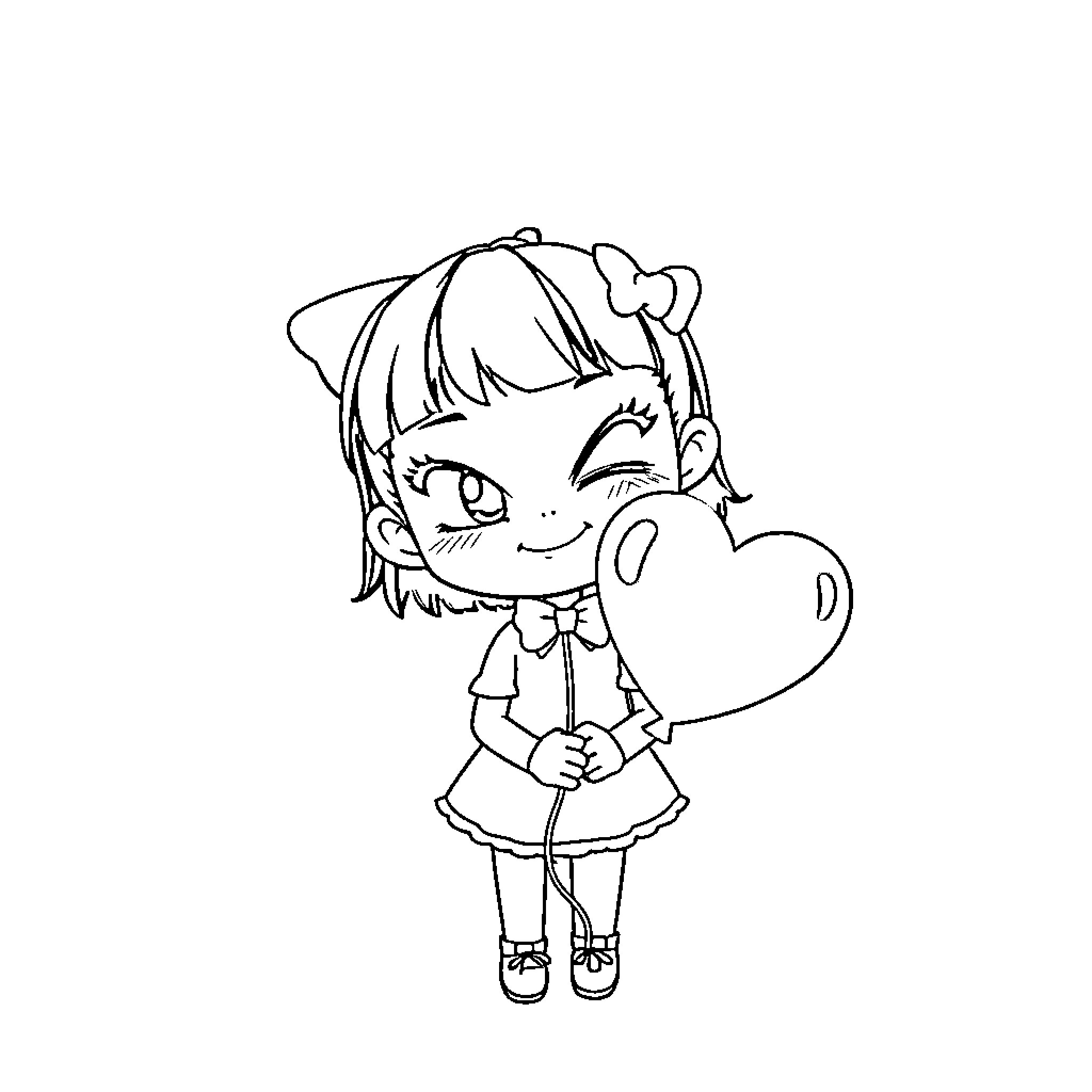 Kuromi holding a heart-shaped balloon Coloring Page (free black-and-white line drawing printable PDF for all, from beginners to advanced learners, including children, teens, adults, and seniors)