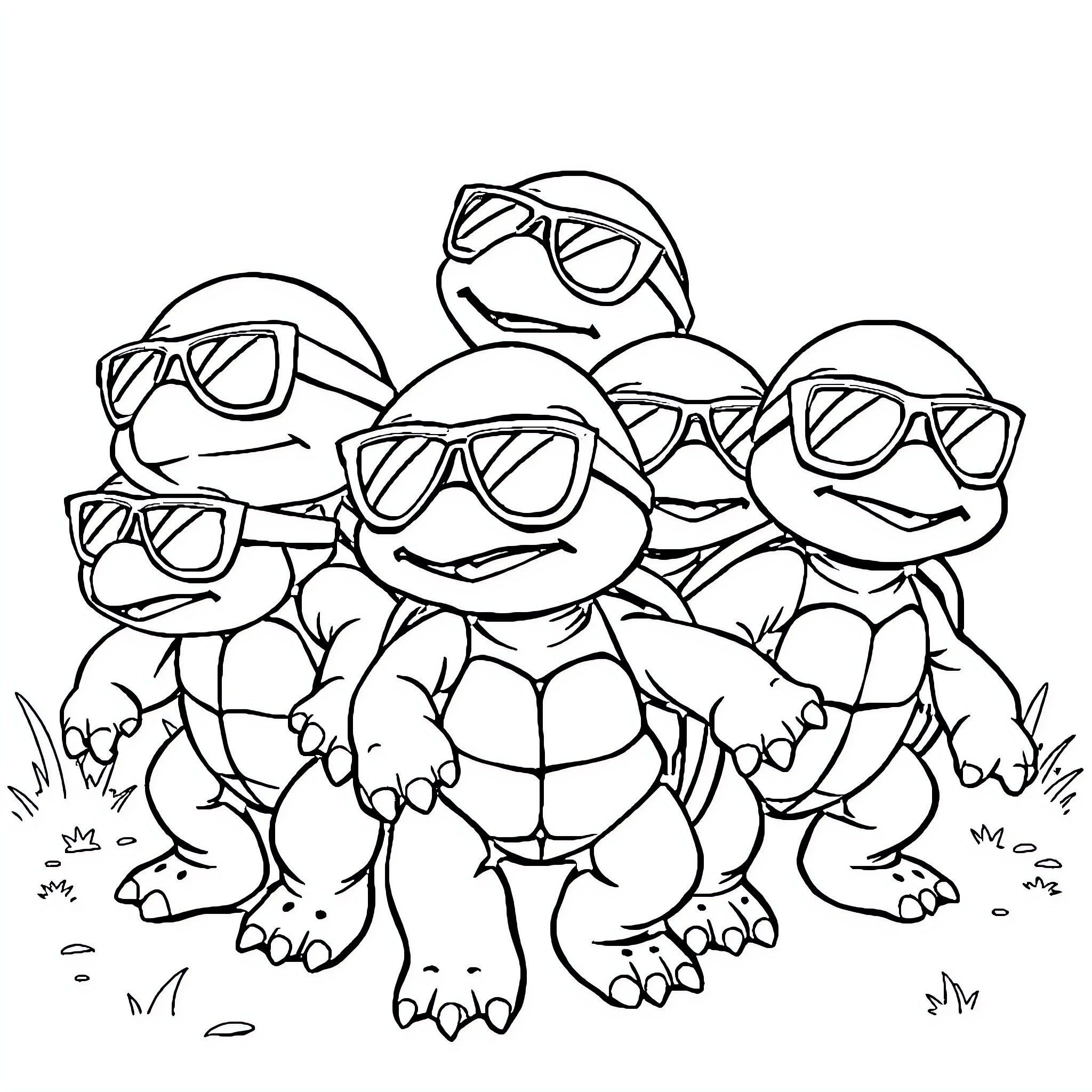 Squirtle squad posing together in sunglasses Coloring Page (free black-and-white line drawing printable PDF for all, from beginners to advanced learners, including children, teens, adults, and seniors)