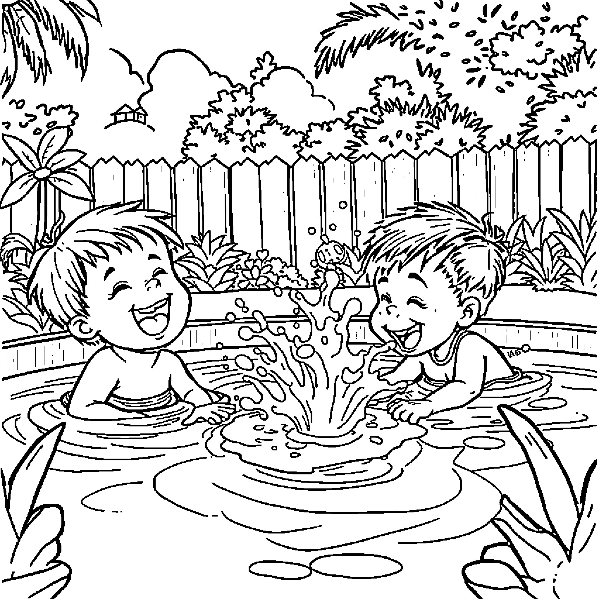Kids having fun splashing in water Coloring Page (free black-and-white line drawing printable PDF for all, from beginners to advanced learners, including children, teens, adults, and seniors)