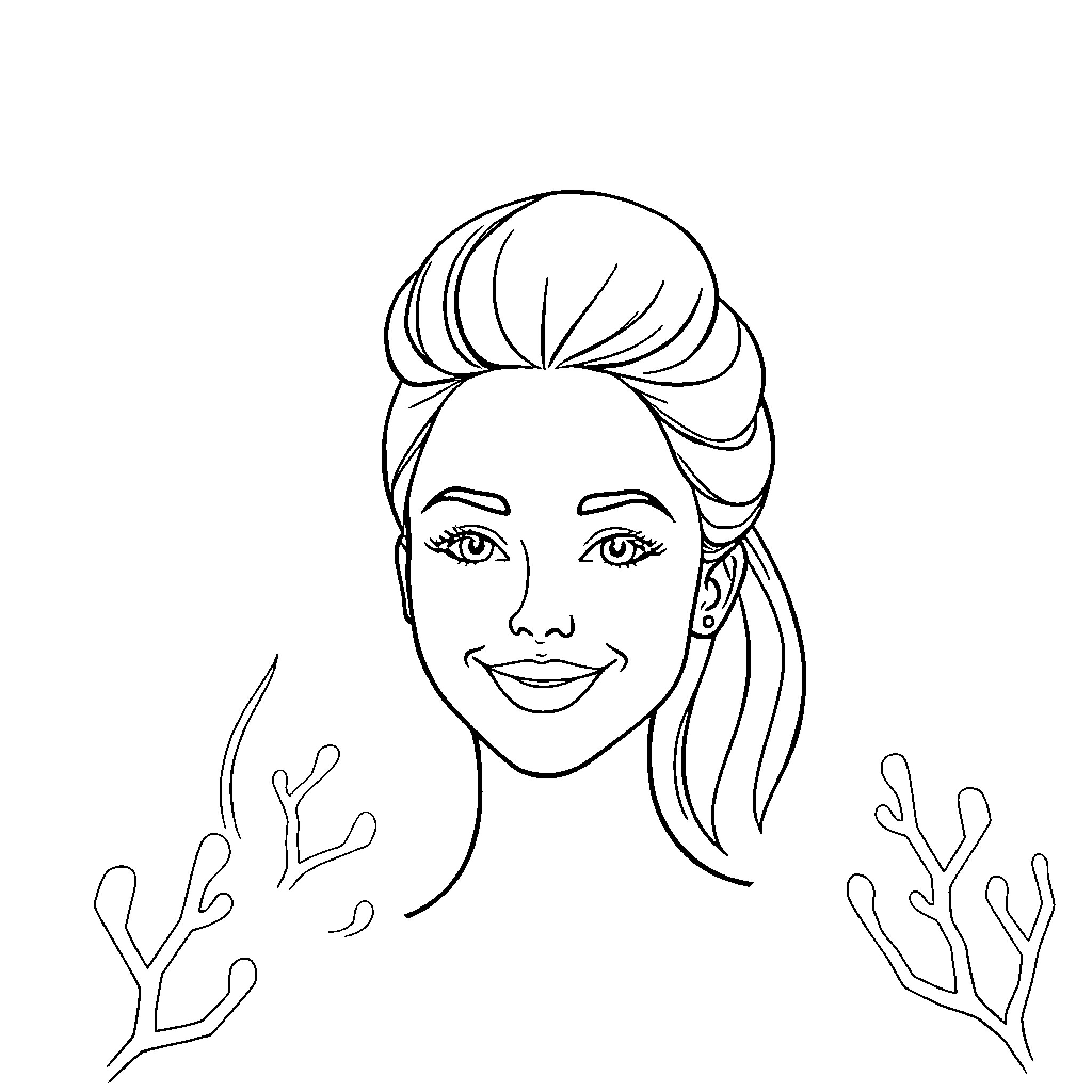 Woman with Updo Hairstyle and Smiling Expression Coloring Page (free black-and-white line drawing printable PDF for all, from beginners to advanced learners, including children, teens, adults, and seniors)
