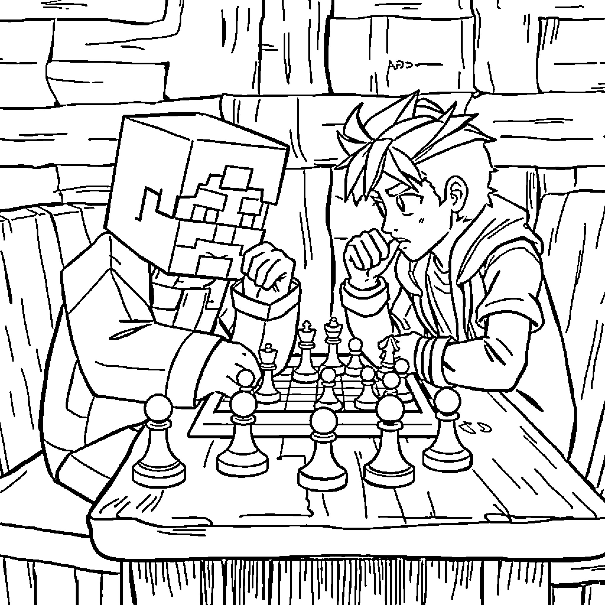 Grian playing chess thoughtfully in a cozy room Coloring Page (free black-and-white line drawing printable PDF for all, from beginners to advanced learners, including children, teens, adults, and seniors)