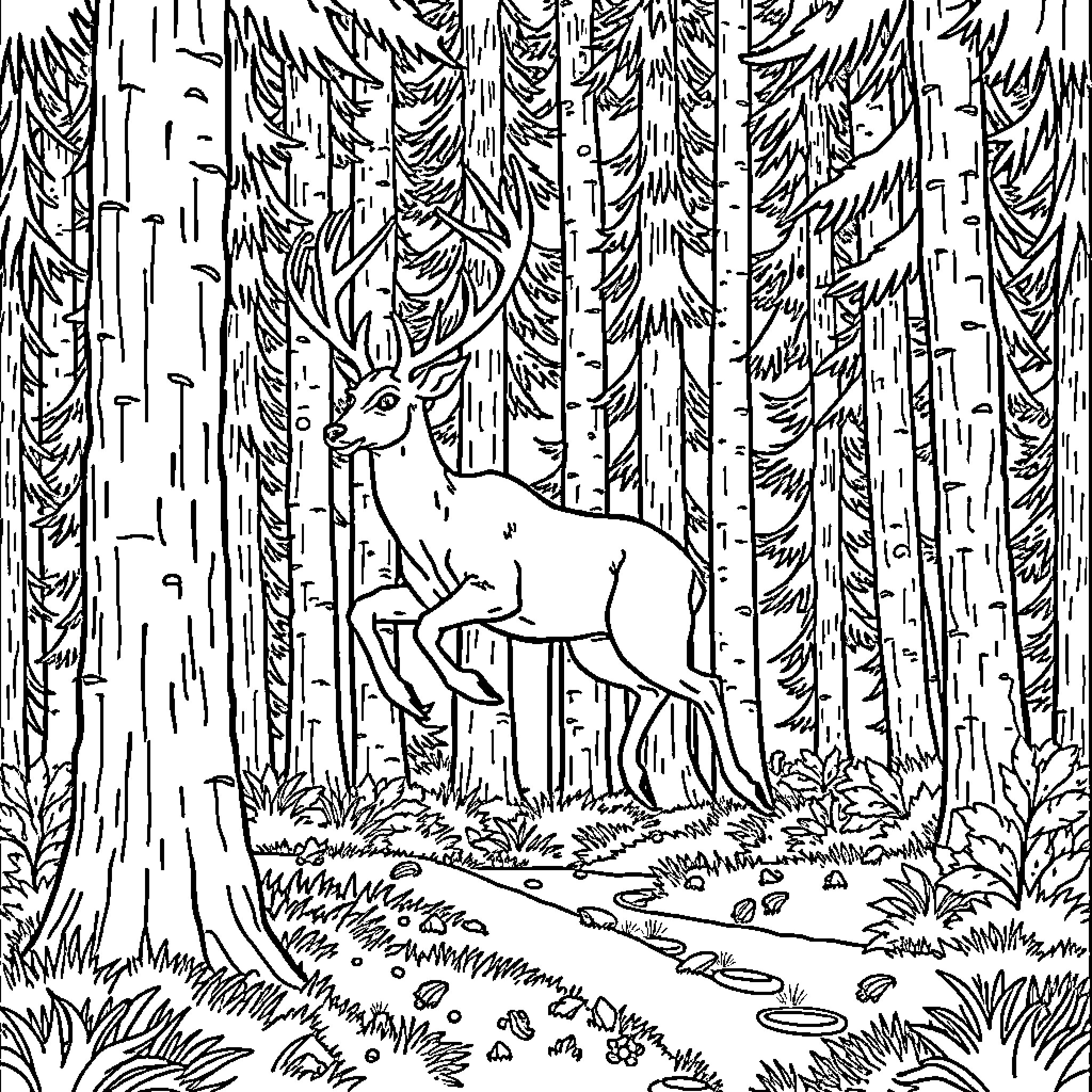 Deer exploring the tranquil forest Coloring Page (free black-and-white line drawing printable PDF for all, from beginners to advanced learners, including children, teens, adults, and seniors)