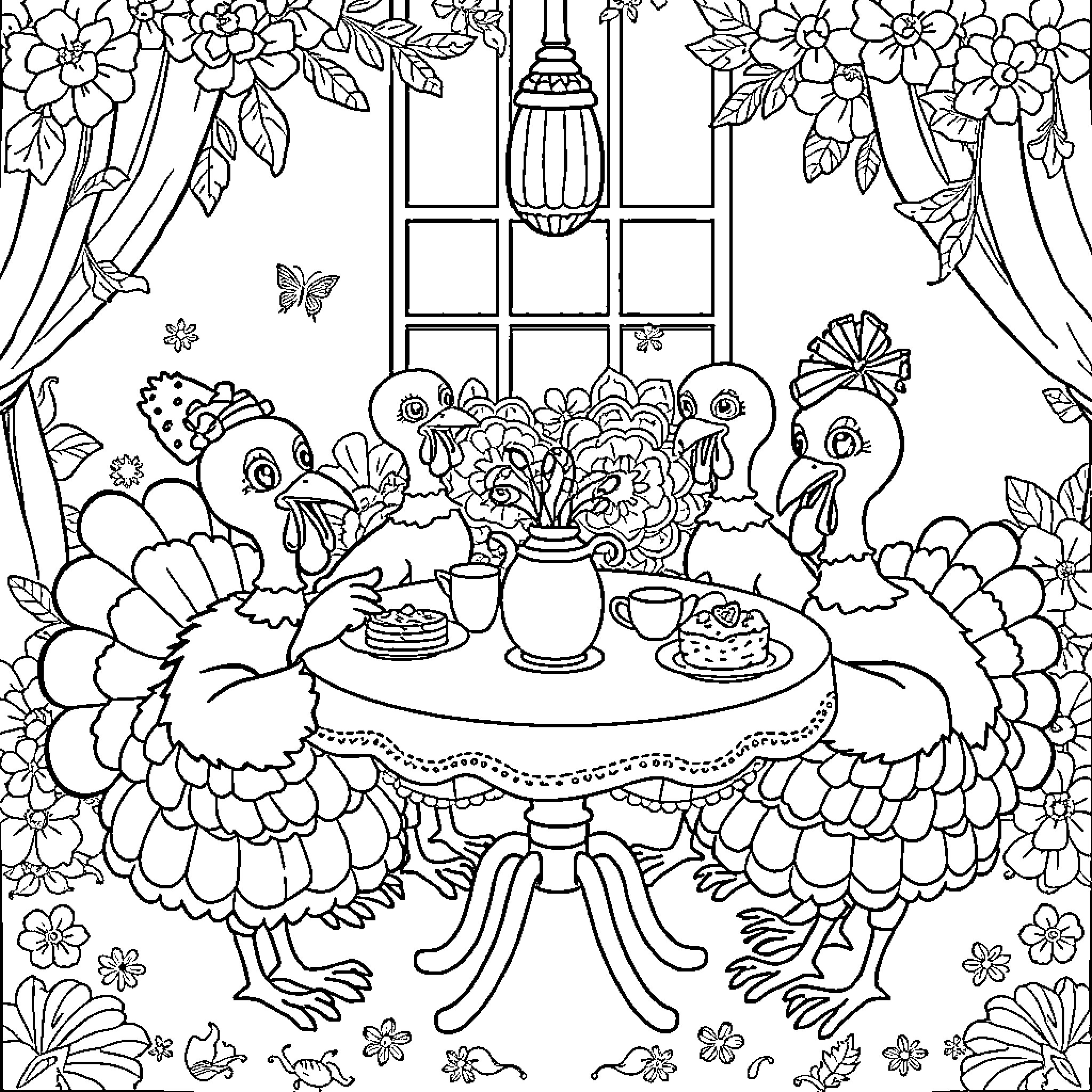 Turkey gathering around a table with festive decorations Coloring Page (free black-and-white line drawing printable PDF for all, from beginners to advanced learners, including children, teens, adults, and seniors)