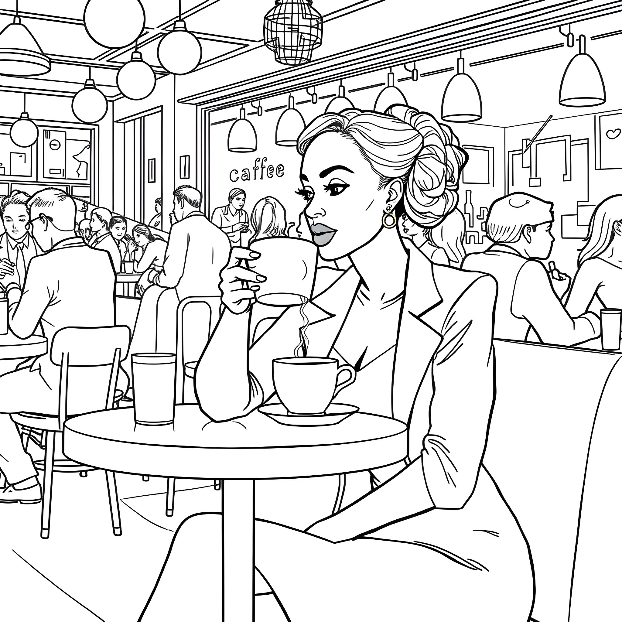 Woman relaxing with coffee in a lively cafe Coloring Page (free black-and-white line drawing printable PDF for all, from beginners to advanced learners, including children, teens, adults, and seniors)
