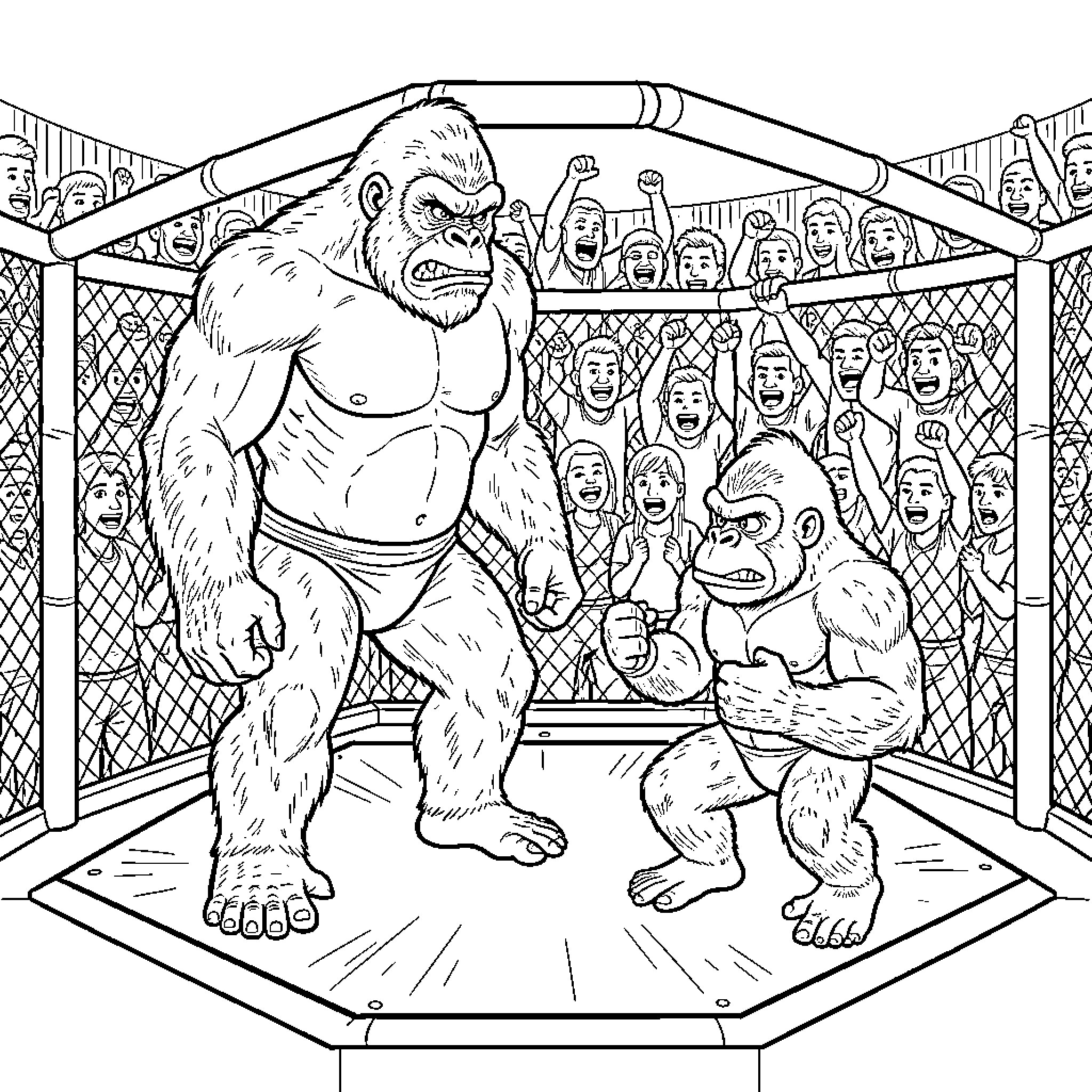 King Kong facing off against a smaller gorilla Coloring Page (free black-and-white line drawing printable PDF for all, from beginners to advanced learners, including children, teens, adults, and seniors)