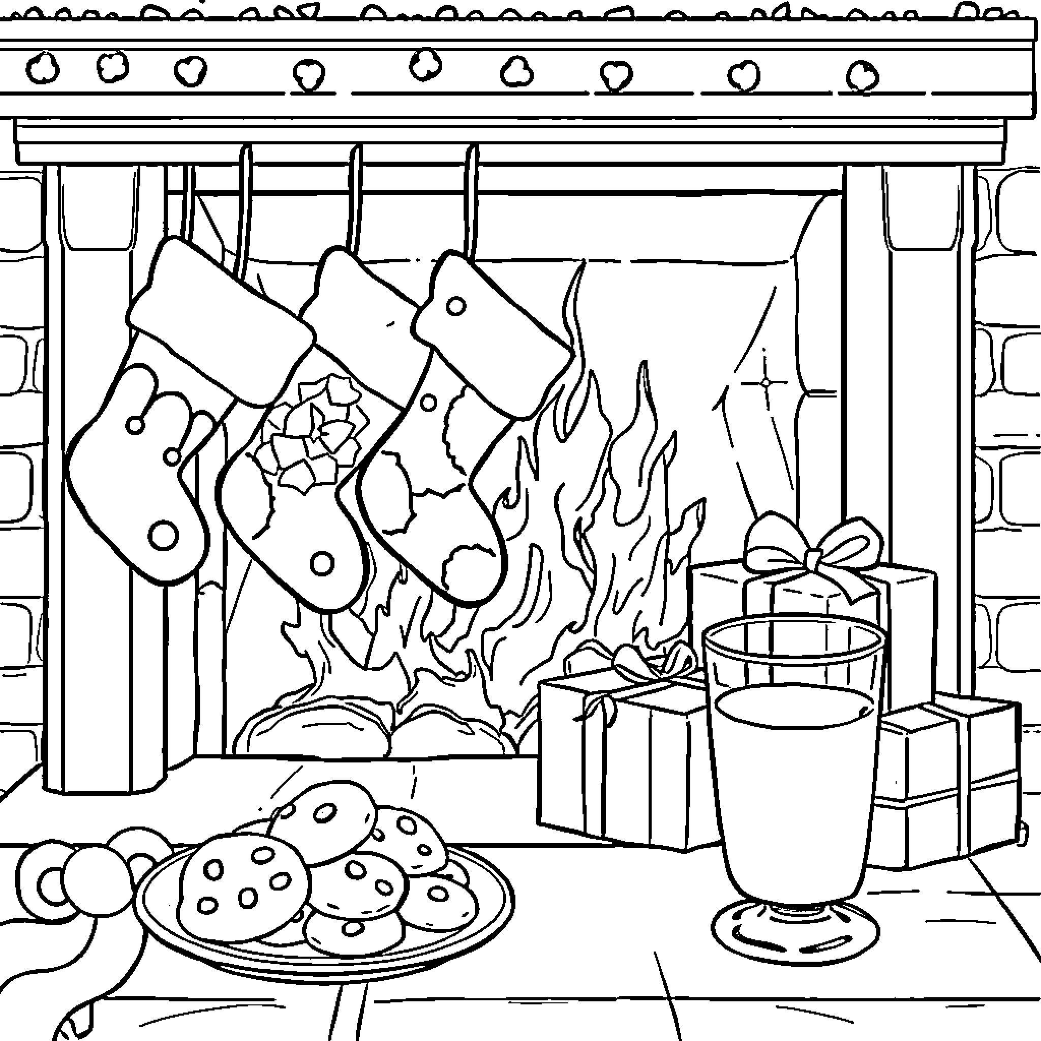 Stocking Hanging by Festive Fireplace Coloring Page (free black-and-white line drawing printable PDF for all, from beginners to advanced learners, including children, teens, adults, and seniors)