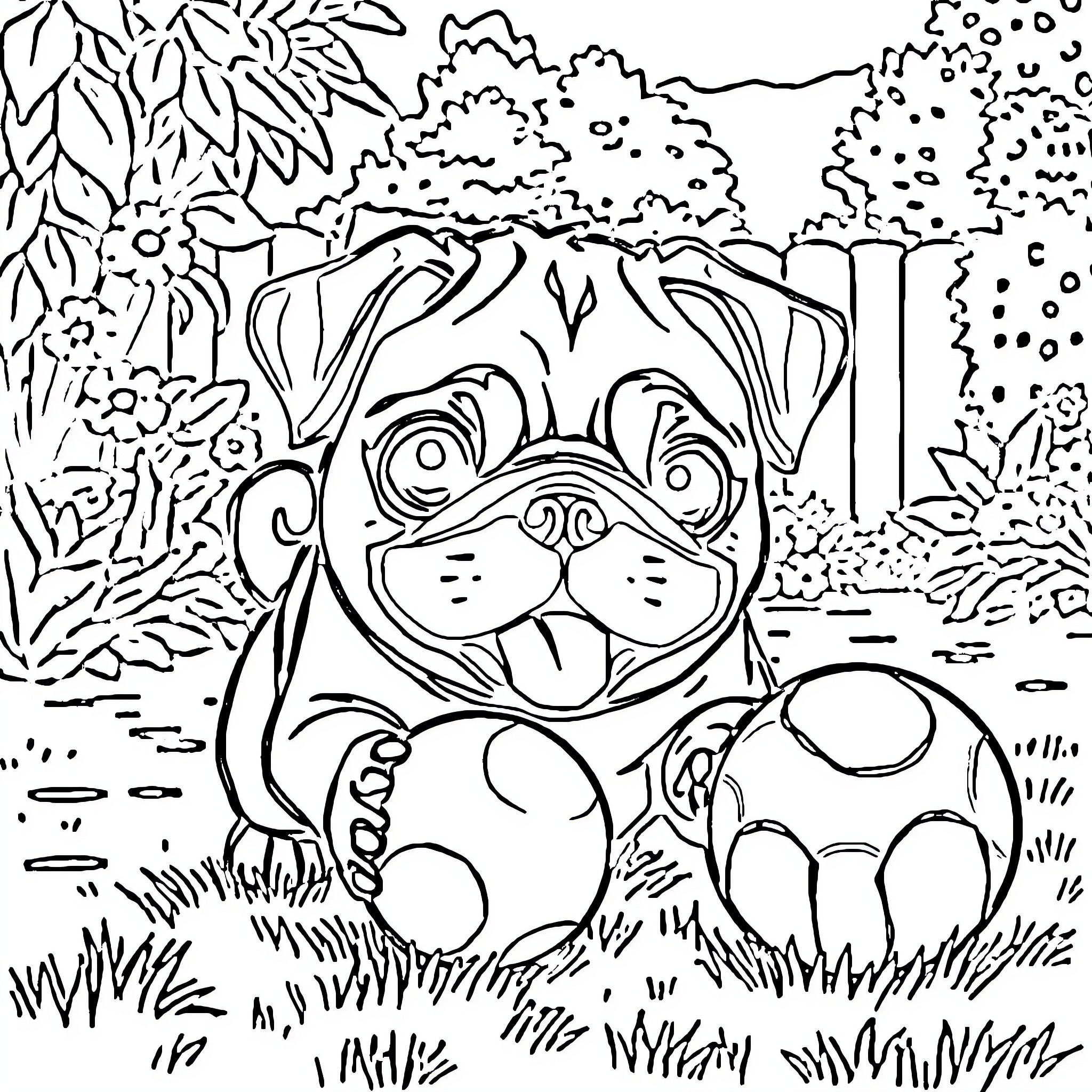 Pug Playing in the Garden Coloring Page (free black-and-white line drawing printable PDF for all, from beginners to advanced learners, including children, teens, adults, and seniors)