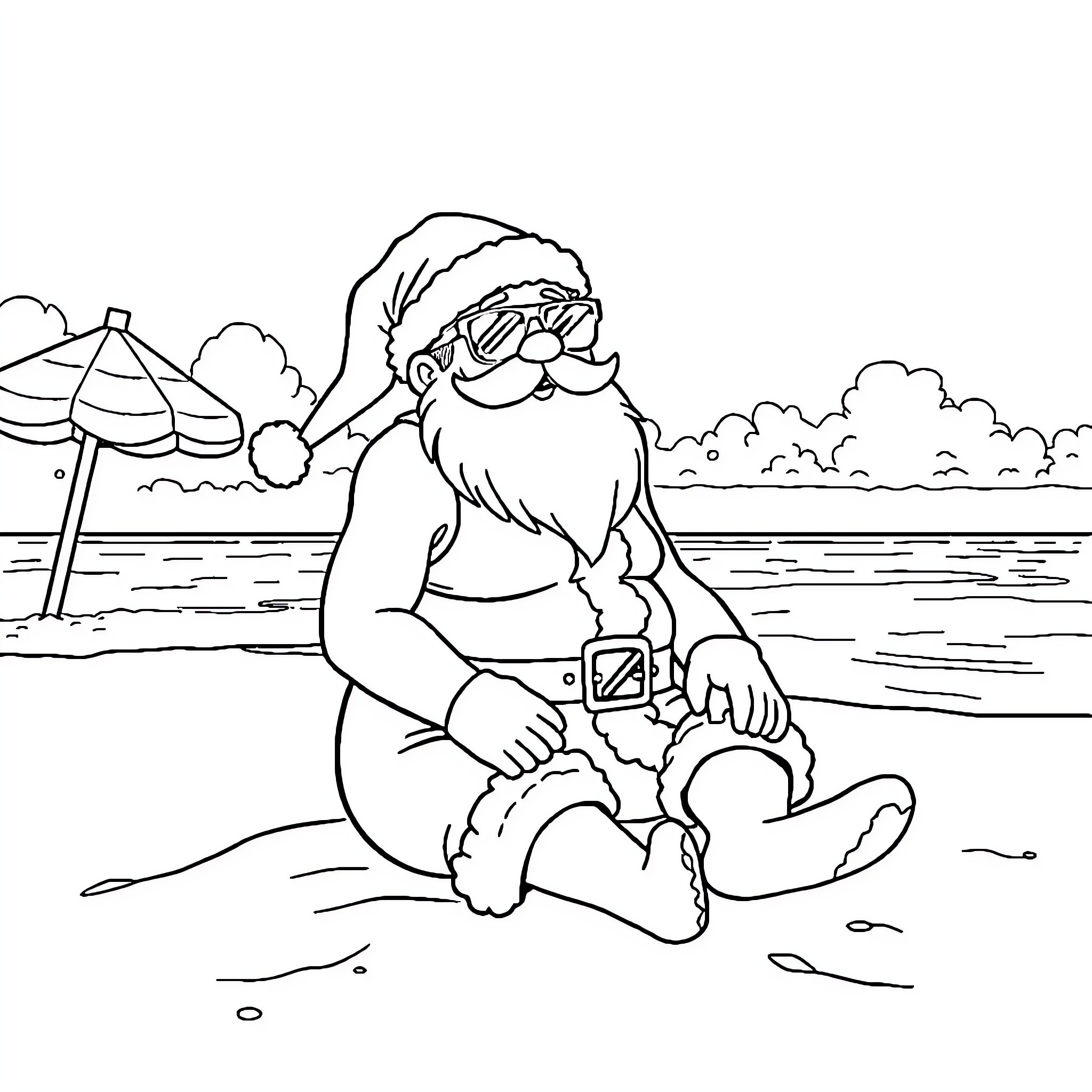 Santa relaxing on the beach during vacation Coloring Page (free black-and-white line drawing printable PDF for all, from beginners to advanced learners, including children, teens, adults, and seniors)