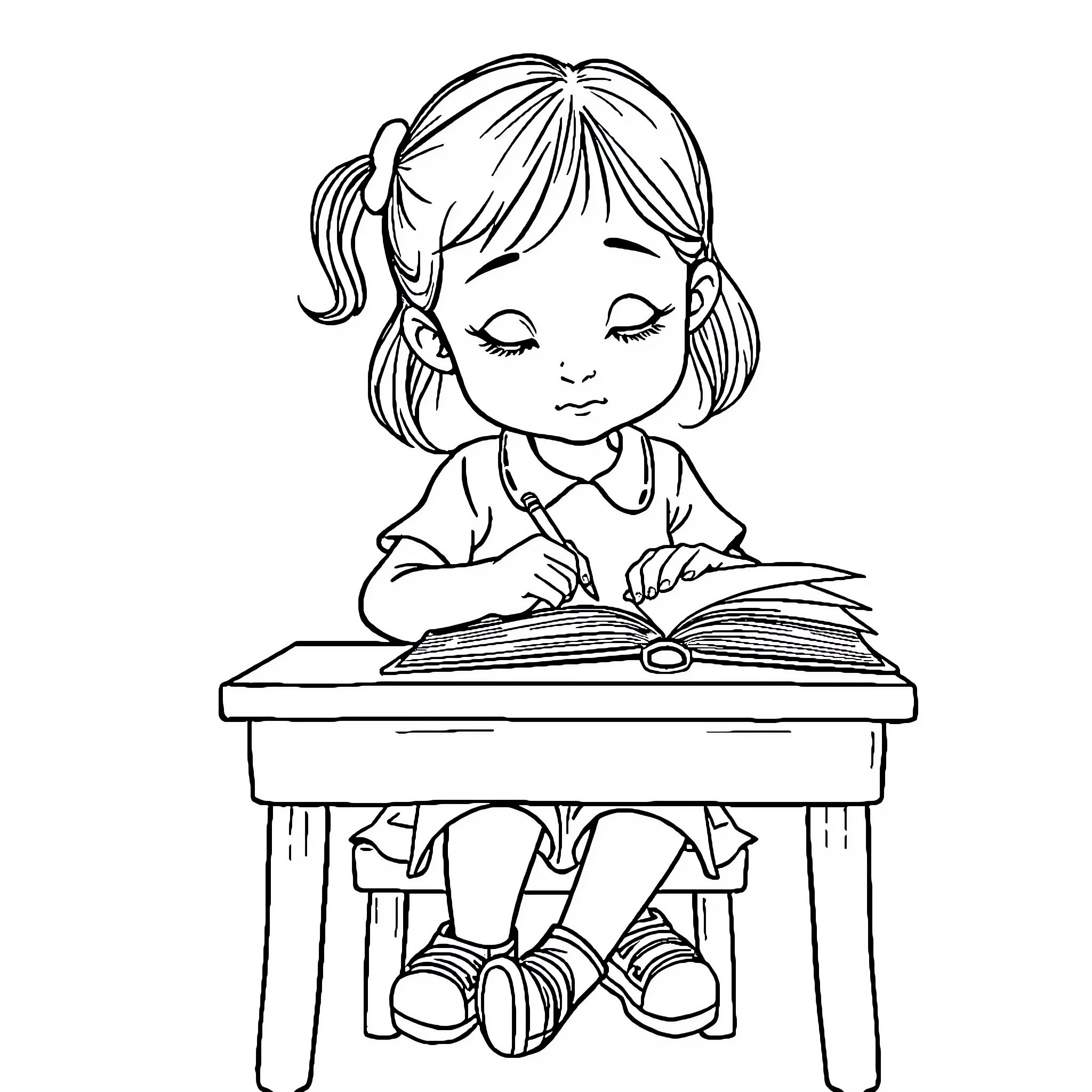 Girl studying intently at desk Coloring Page (free black-and-white line drawing printable PDF for all, from beginners to advanced learners, including children, teens, adults, and seniors)