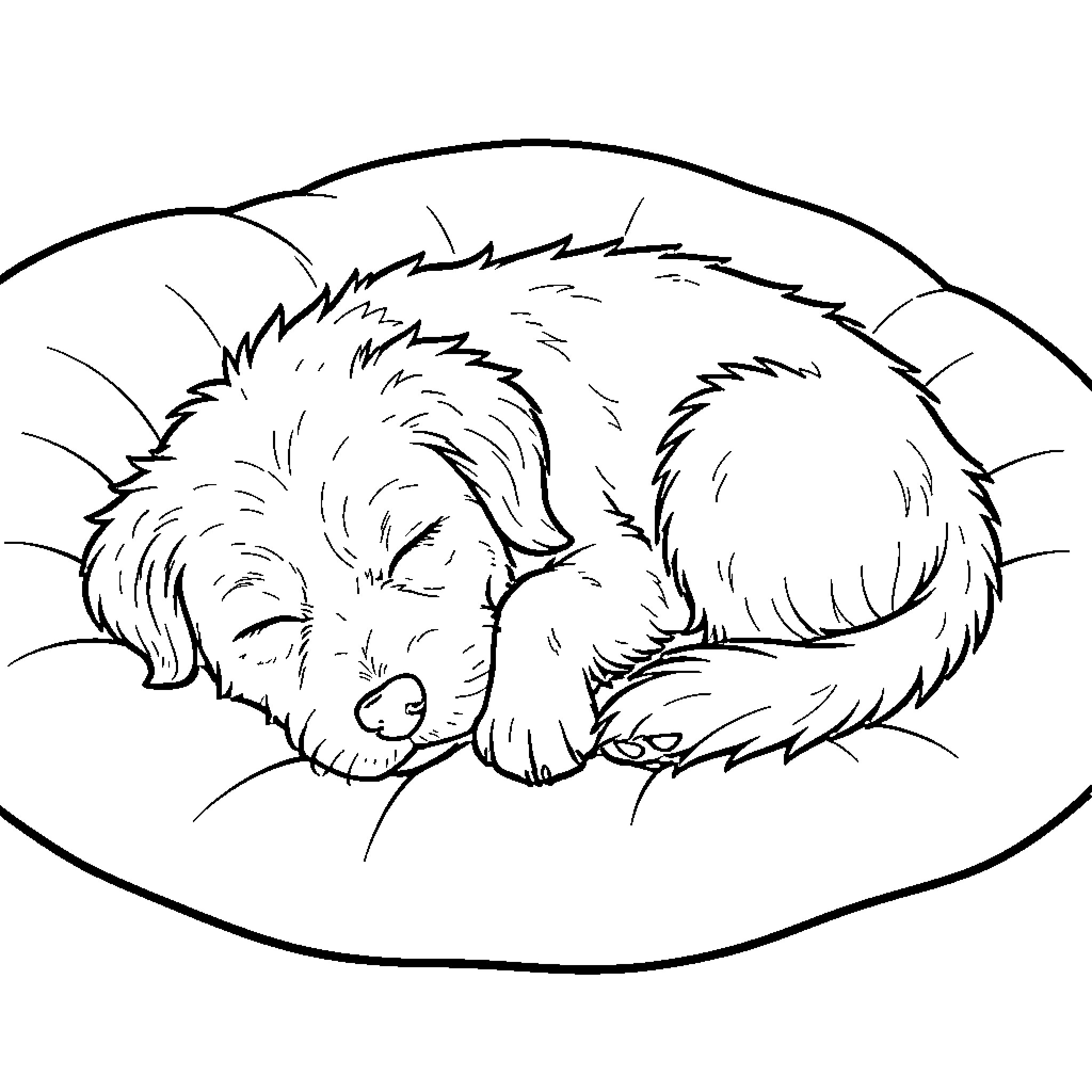 Dog sleeping soundly on a cozy bed Coloring Page (free black-and-white line drawing printable PDF for all, from beginners to advanced learners, including children, teens, adults, and seniors)