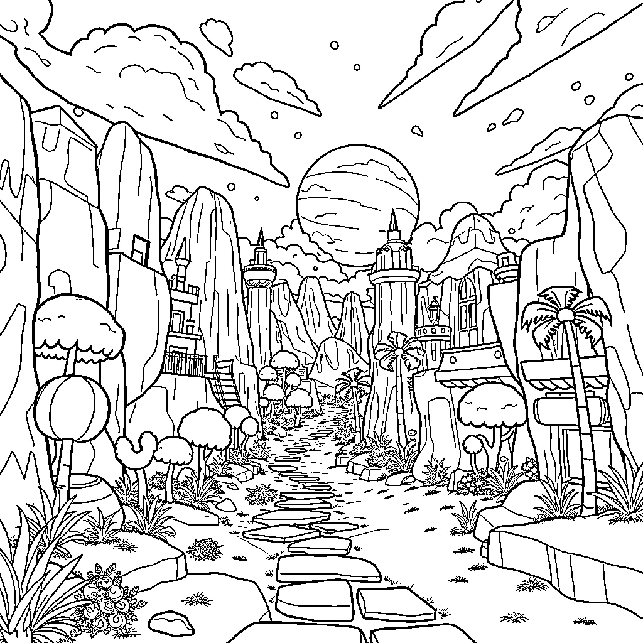 Roblox Fantasy Landscape with Buildings and Nature Coloring Page (free black-and-white line drawing printable PDF for all, from beginners to advanced learners, including children, teens, adults, and seniors)