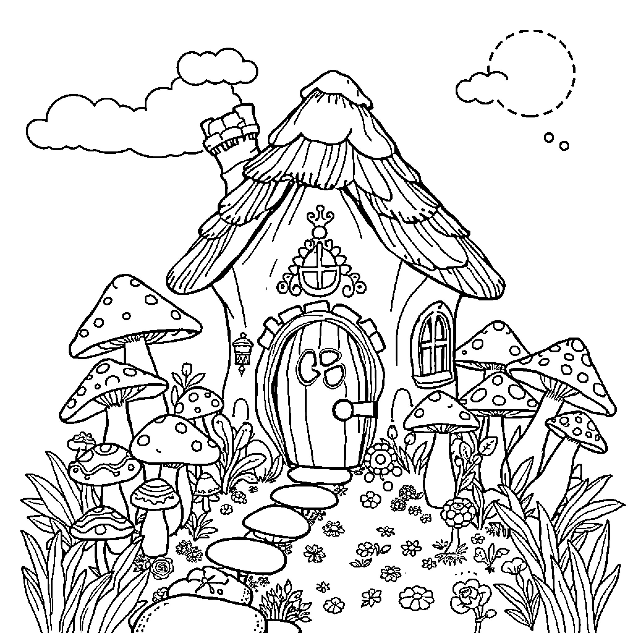 Cottage in a Whimsical Mushroom Garden Coloring Page (free black-and-white line drawing printable PDF for all, from beginners to advanced learners, including children, teens, adults, and seniors)