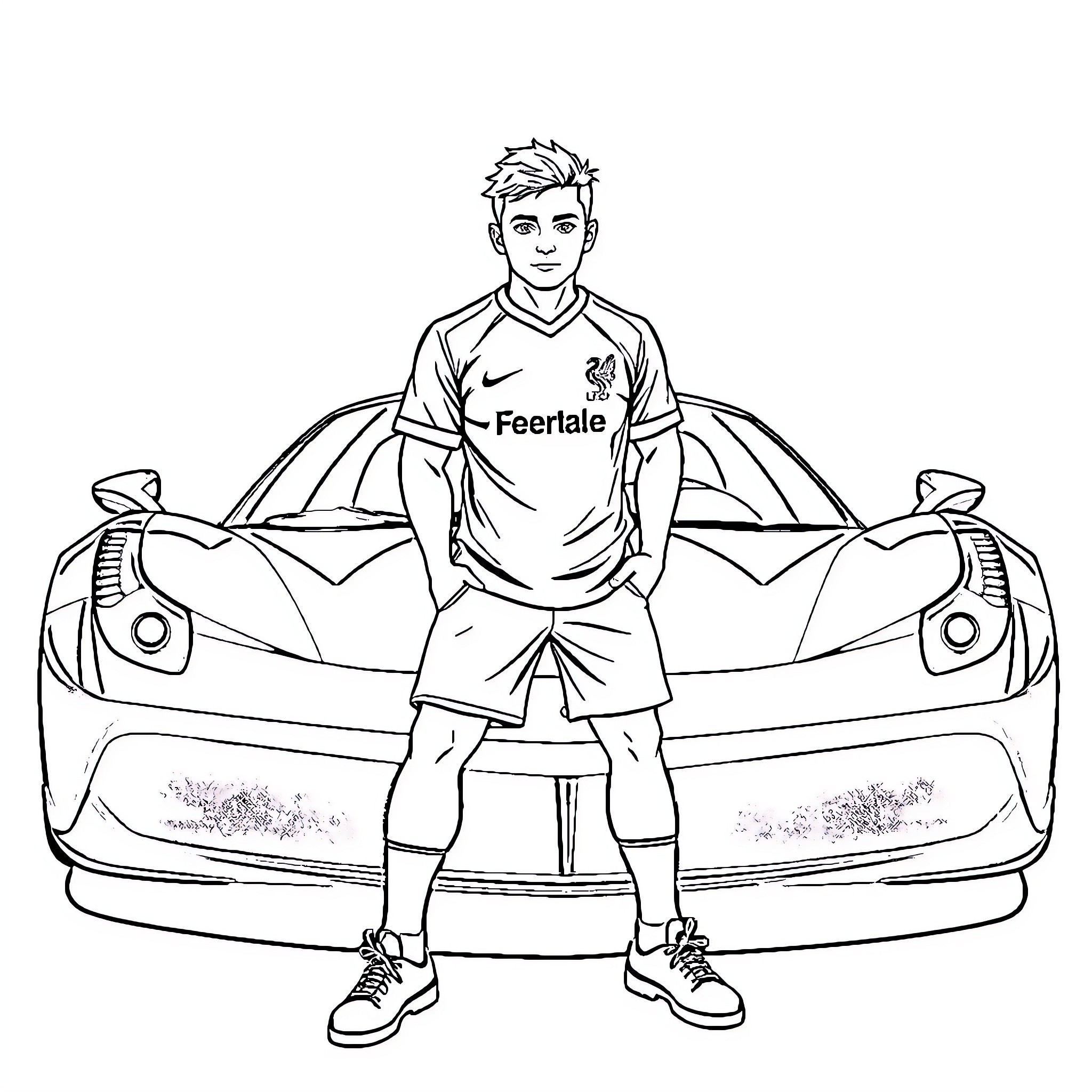 Ferrari fan poses next to racing car Coloring Page (free black-and-white line drawing printable PDF for all, from beginners to advanced learners, including children, teens, adults, and seniors)