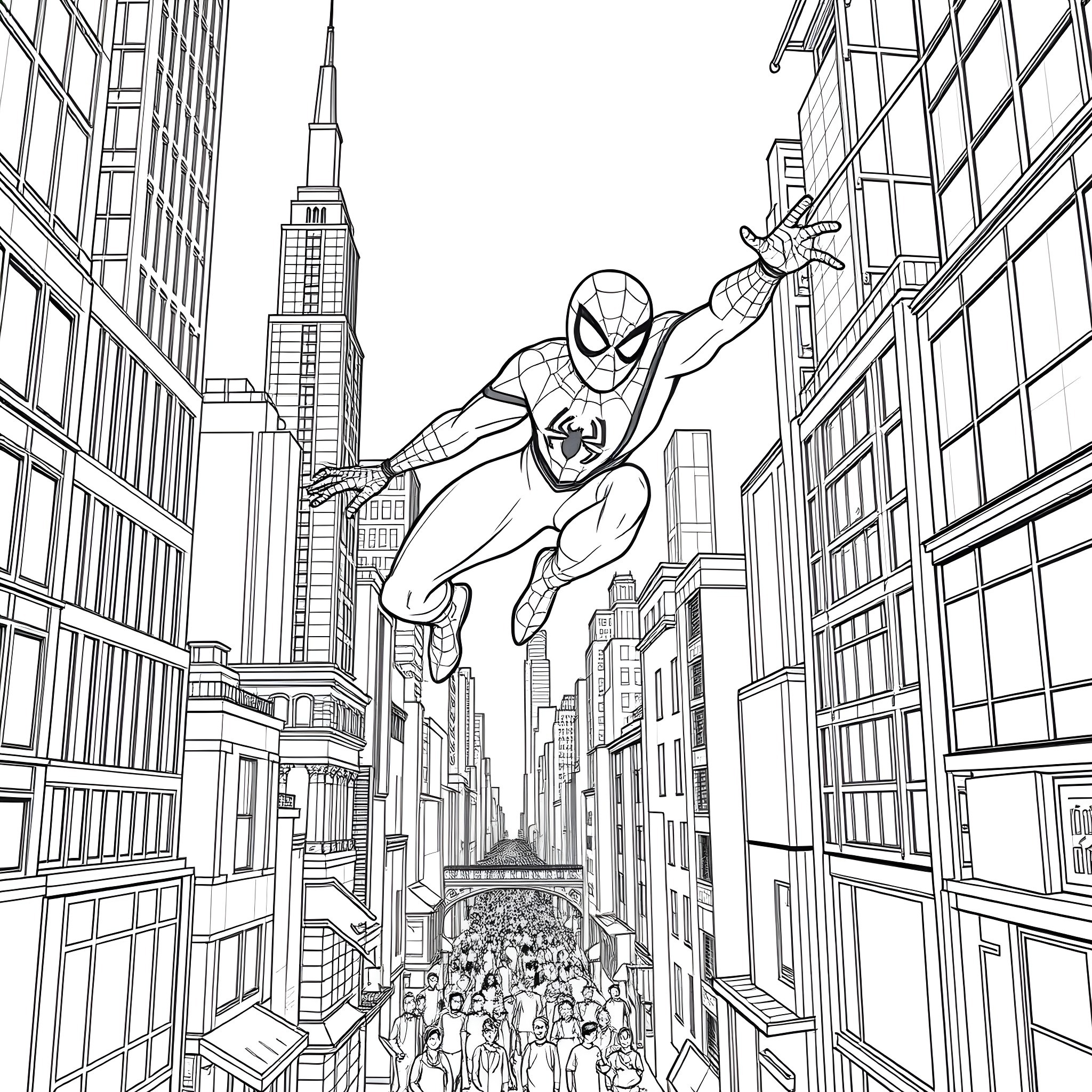 Spiderman swinging through the city skyline Coloring Page (free black-and-white line drawing printable PDF for all, from beginners to advanced learners, including children, teens, adults, and seniors)