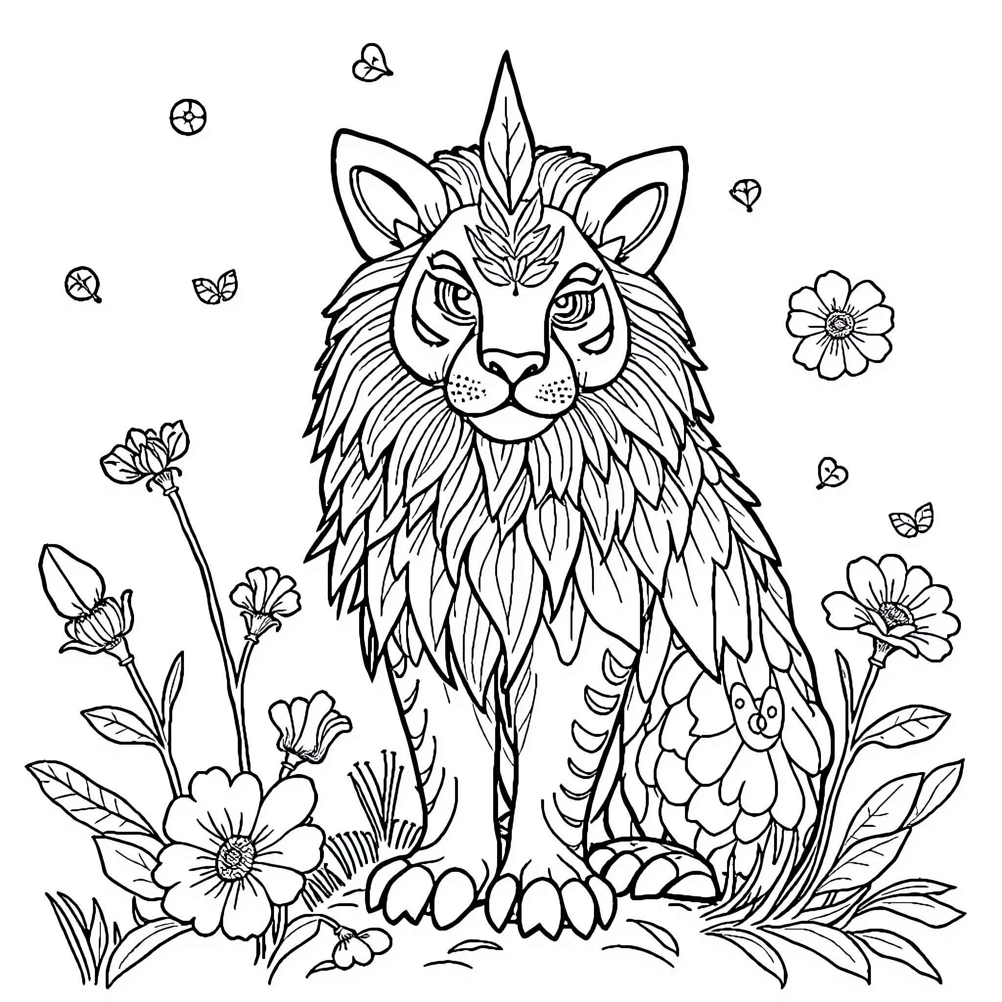Човек с декоративен котешки портрет сред цветя Coloring Page (free black-and-white line drawing printable PDF for all, from beginners to advanced learners, including children, teens, adults, and seniors)