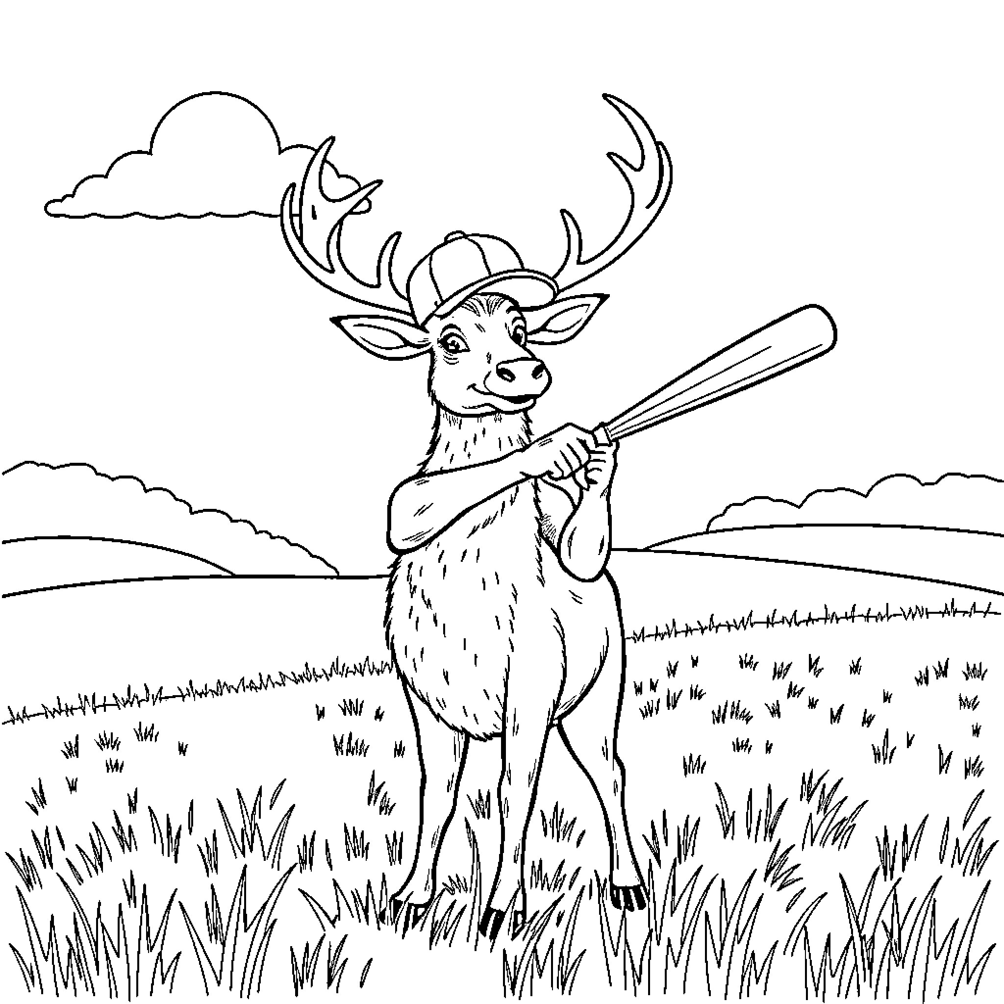 Elk playing happily with a baseball bat in the field Coloring Page (free black-and-white line drawing printable PDF for all, from beginners to advanced learners, including children, teens, adults, and seniors)