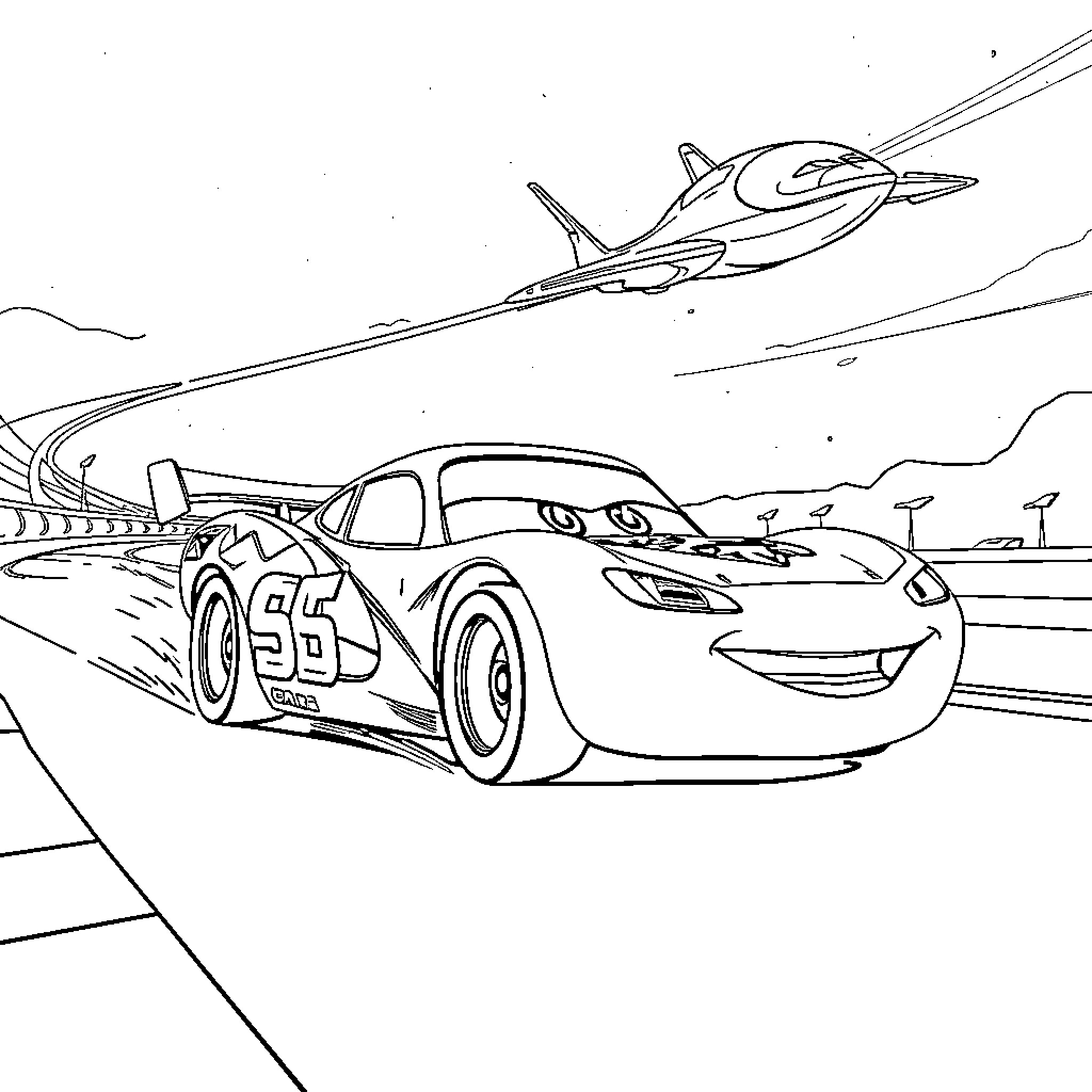 Lightning McQueen racing in the sky with a plane Coloring Page (free black-and-white line drawing printable PDF for all, from beginners to advanced learners, including children, teens, adults, and seniors)