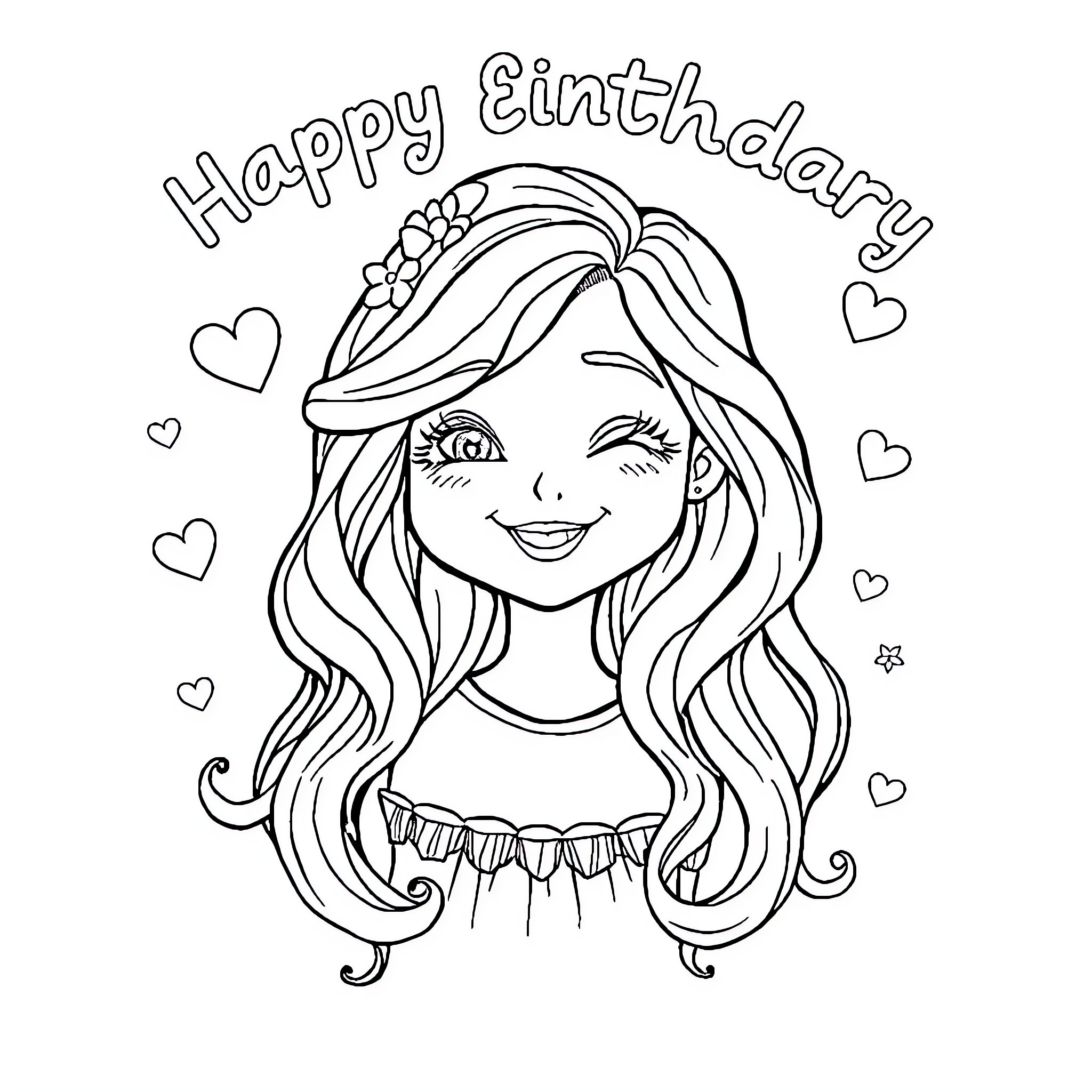 Sophie's Happy Birthday Celebration Coloring Page (free black-and-white line drawing printable PDF for all, from beginners to advanced learners, including children, teens, adults, and seniors)