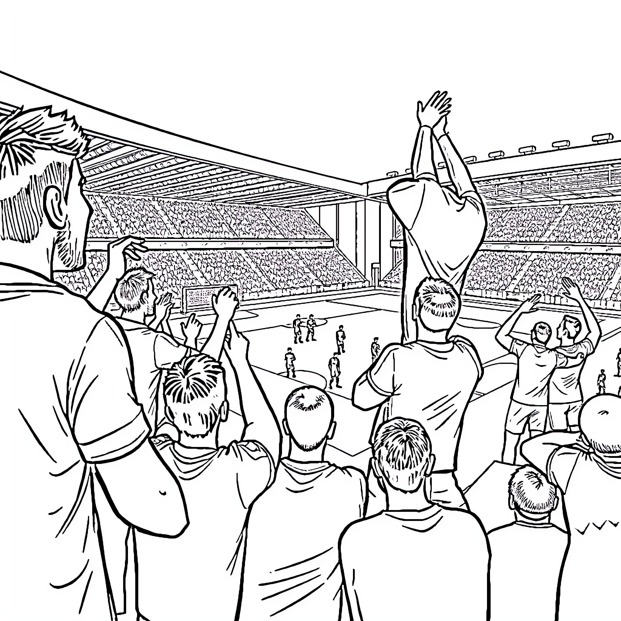 Football Fans Cheering Enthusiastically in Stadium Coloring Page (free black-and-white line drawing printable PDF for all, from beginners to advanced learners, including children, teens, adults, and seniors)