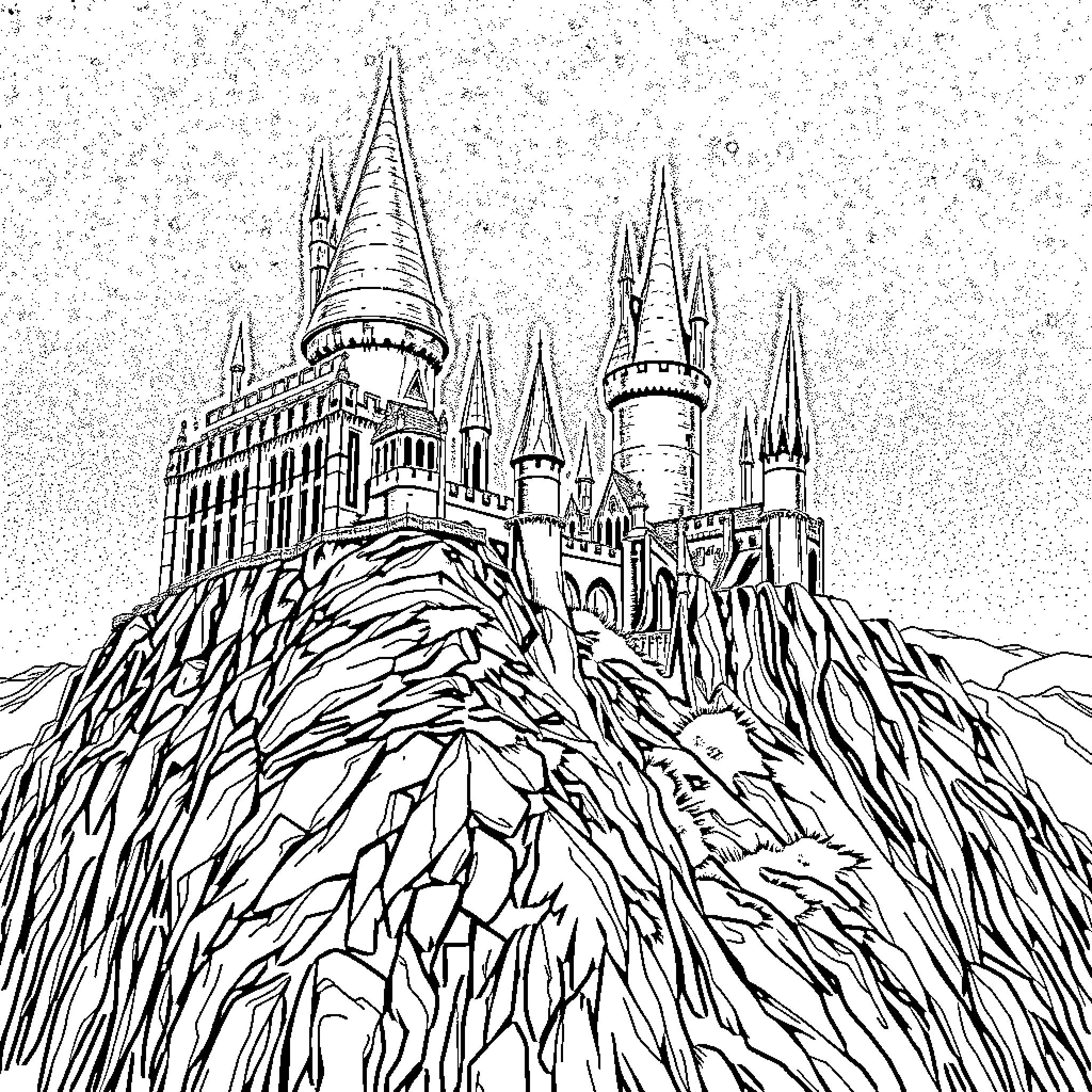 Hogwarts Castle in a Magical Winter Wonderland Coloring Page (free black-and-white line drawing printable PDF for all, from beginners to advanced learners, including children, teens, adults, and seniors)