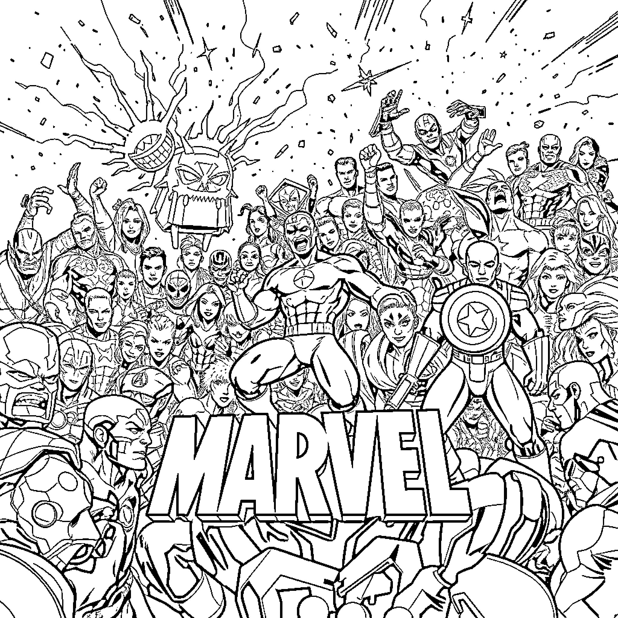 Marvel Characters in Epic Action and Poses Coloring Page (free black-and-white line drawing printable PDF for all, from beginners to advanced learners, including children, teens, adults, and seniors)