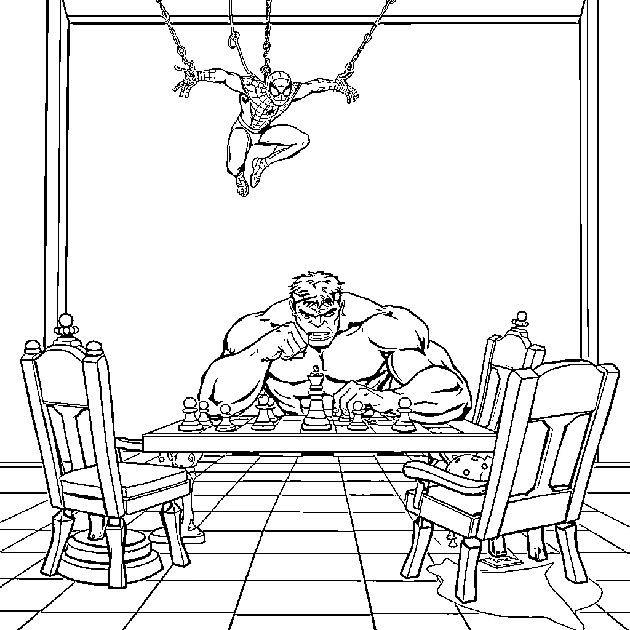 Hulk Playing Chess with Spiderman Swinging Above Coloring Page (free black-and-white line drawing printable PDF for all, from beginners to advanced learners, including children, teens, adults, and seniors)