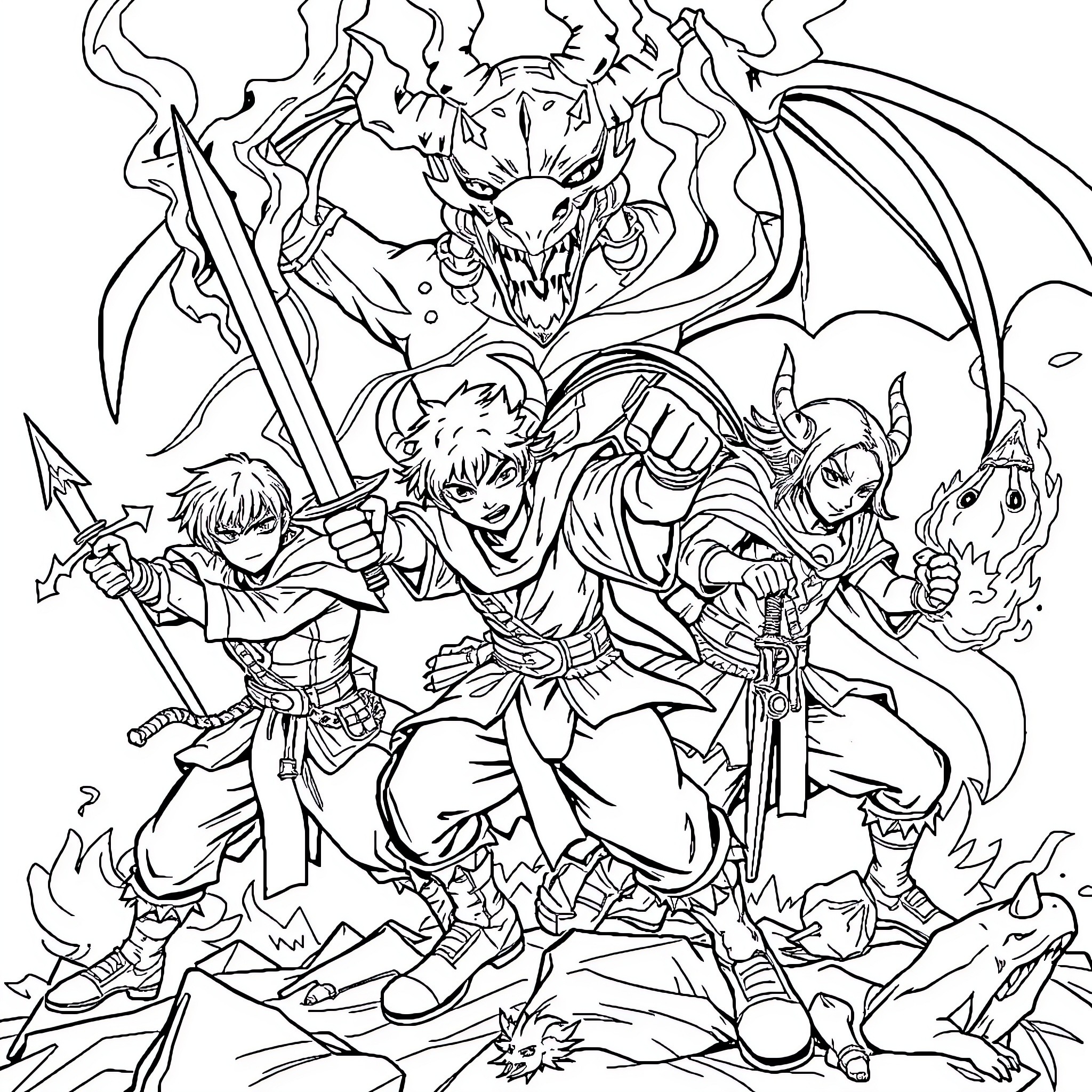 Demon Slayer Characters in Intense Battle Coloring Page (free black-and-white line drawing printable PDF for all, from beginners to advanced learners, including children, teens, adults, and seniors)