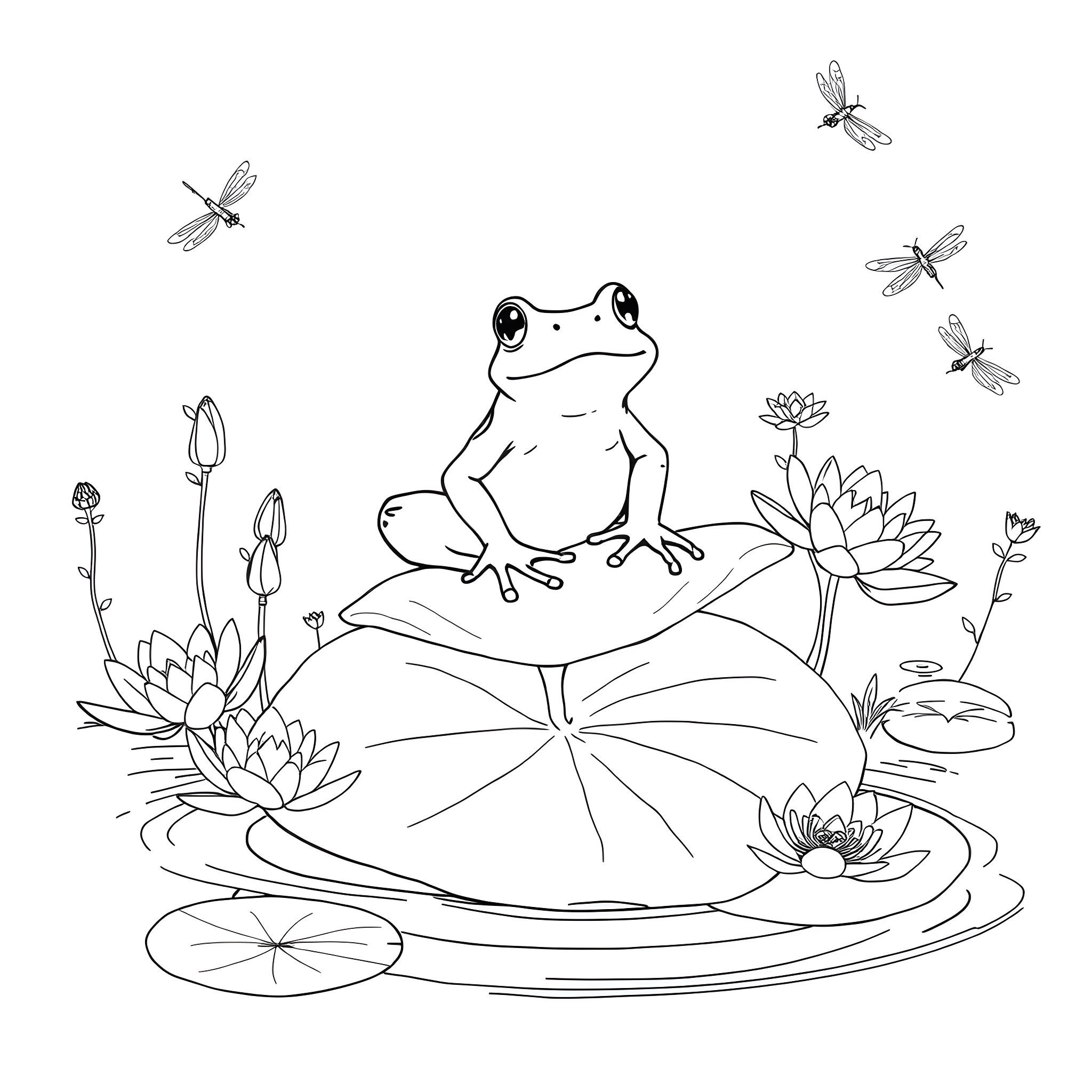 Frog sitting on lily pad surrounded by dragonflies Coloring Page (free black-and-white line drawing printable PDF for all, from beginners to advanced learners, including children, teens, adults, and seniors)