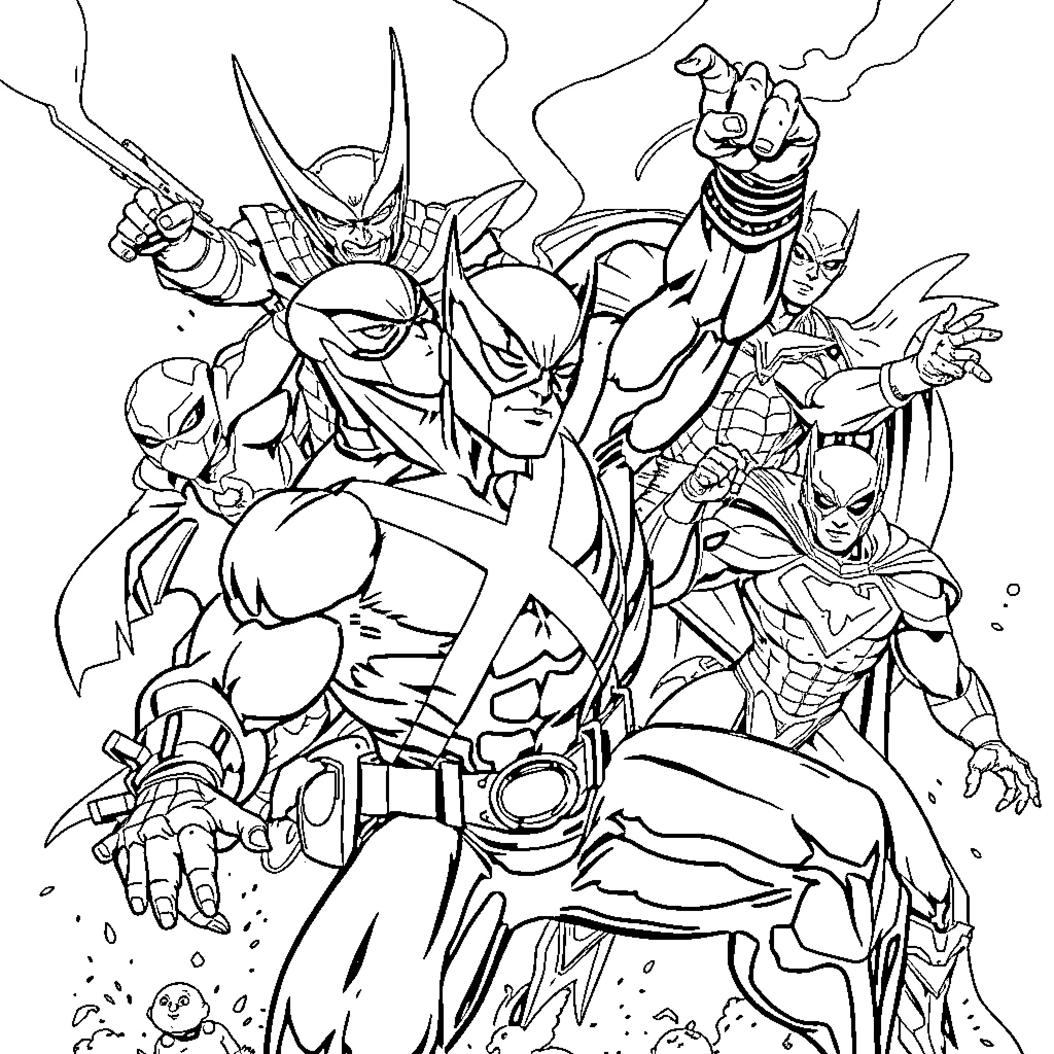 X-Man: Heroic Superheroes in Action Coloring Page (free black-and-white line drawing printable PDF for all, from beginners to advanced learners, including children, teens, adults, and seniors)