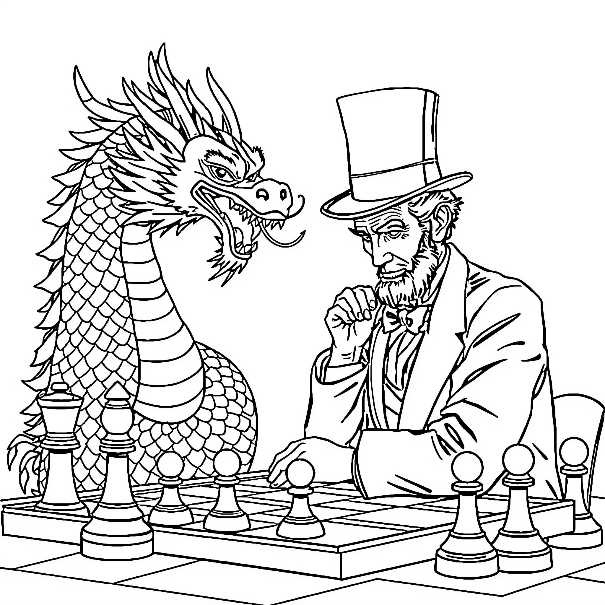 Dragon chess match with elegant gentleman Coloring Page (free black-and-white line drawing printable PDF for all, from beginners to advanced learners, including children, teens, adults, and seniors)
