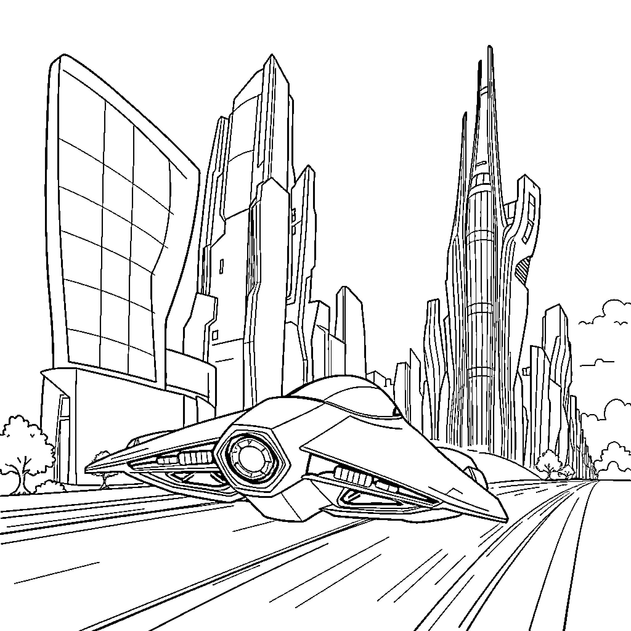 Building futuristic structures with advanced vehicles Coloring Page (free black-and-white line drawing printable PDF for all, from beginners to advanced learners, including children, teens, adults, and seniors)