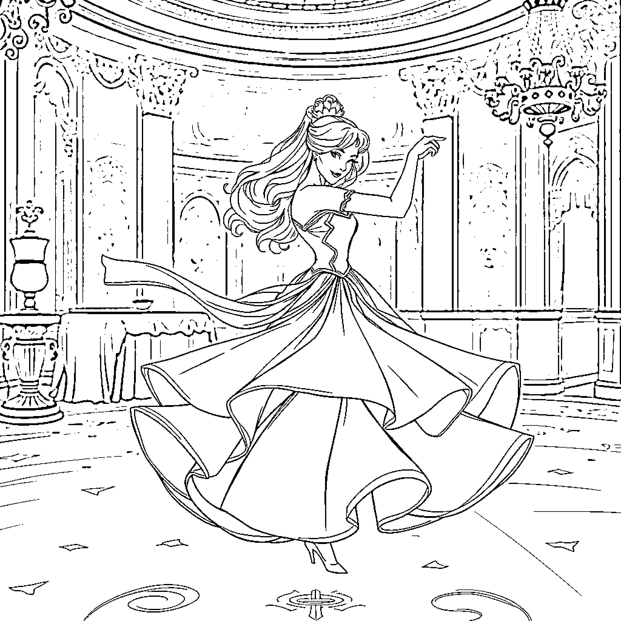 Princess Dancing Gracefully in Elegant Ballroom Coloring Page (free black-and-white line drawing printable PDF for all, from beginners to advanced learners, including children, teens, adults, and seniors)