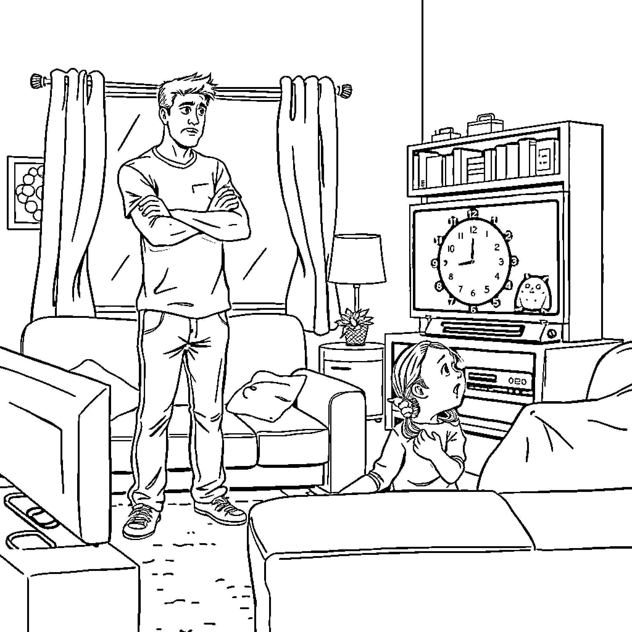 Dad monitors child playing video game in living room Coloring Page (free black-and-white line drawing printable PDF for all, from beginners to advanced learners, including children, teens, adults, and seniors)