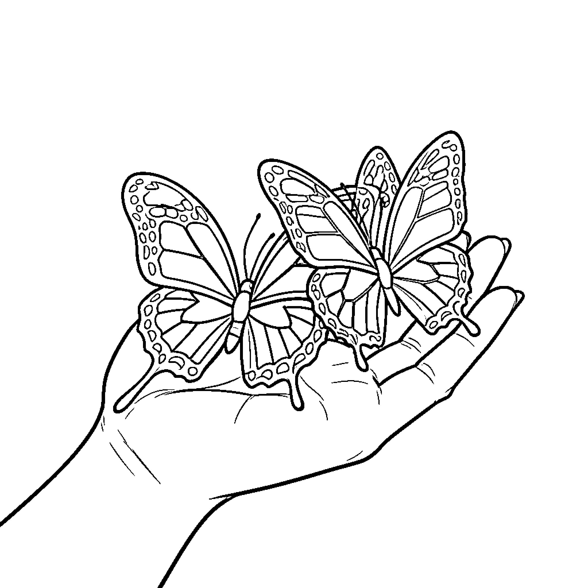 Butterfly landing softly on a person's open hand Coloring Page (free black-and-white line drawing printable PDF for all, from beginners to advanced learners, including children, teens, adults, and seniors)