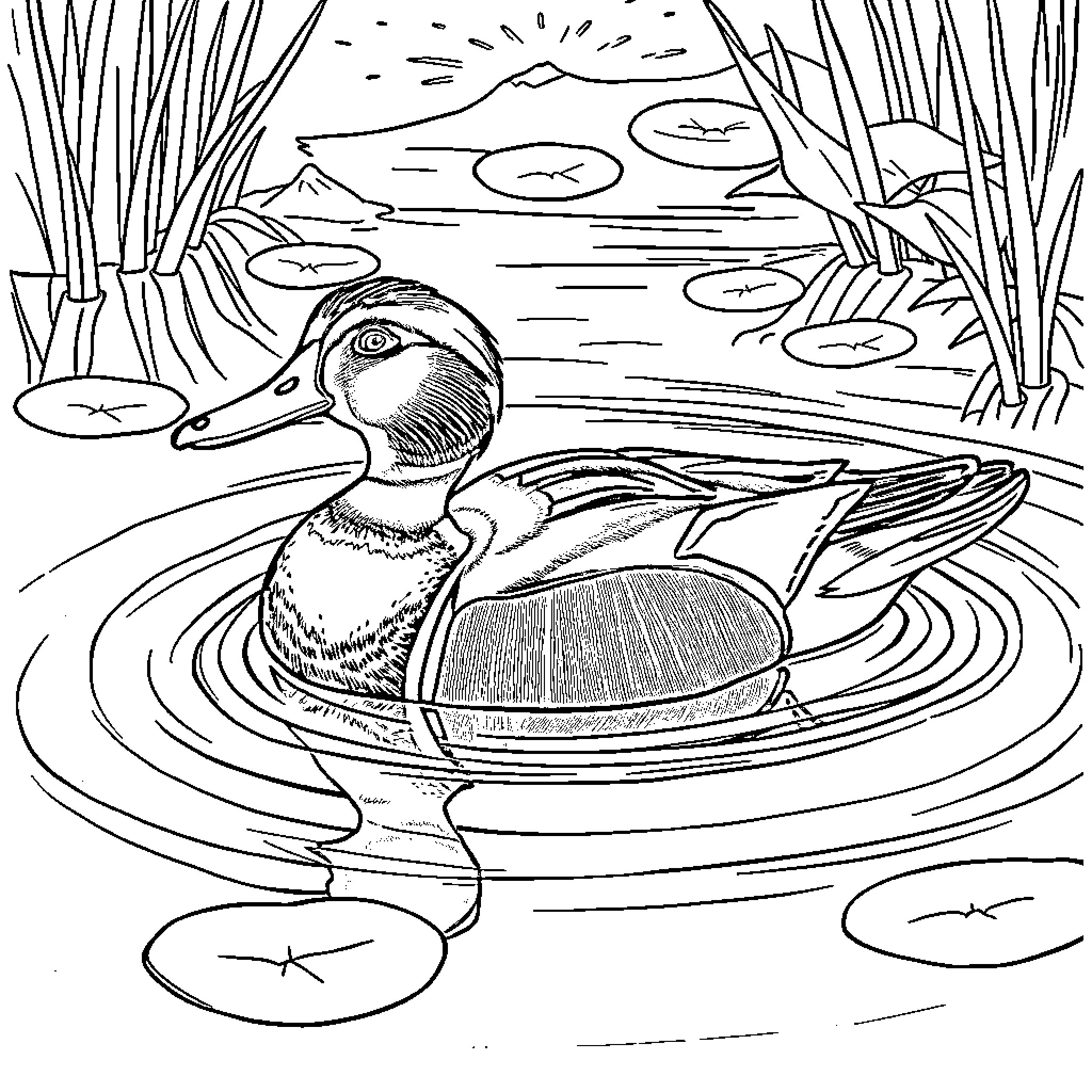 Duck Swimming Gracefully in Pond Coloring Page (free black-and-white line drawing printable PDF for all, from beginners to advanced learners, including children, teens, adults, and seniors)